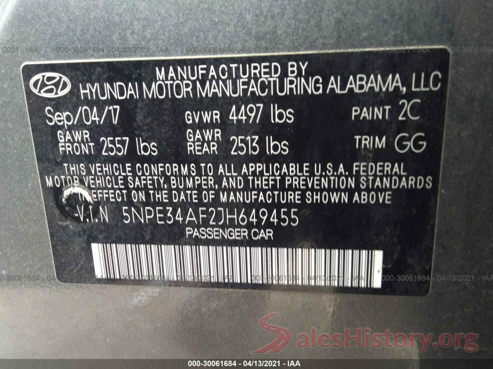 5NPE34AF2JH649455 2018 HYUNDAI SONATA