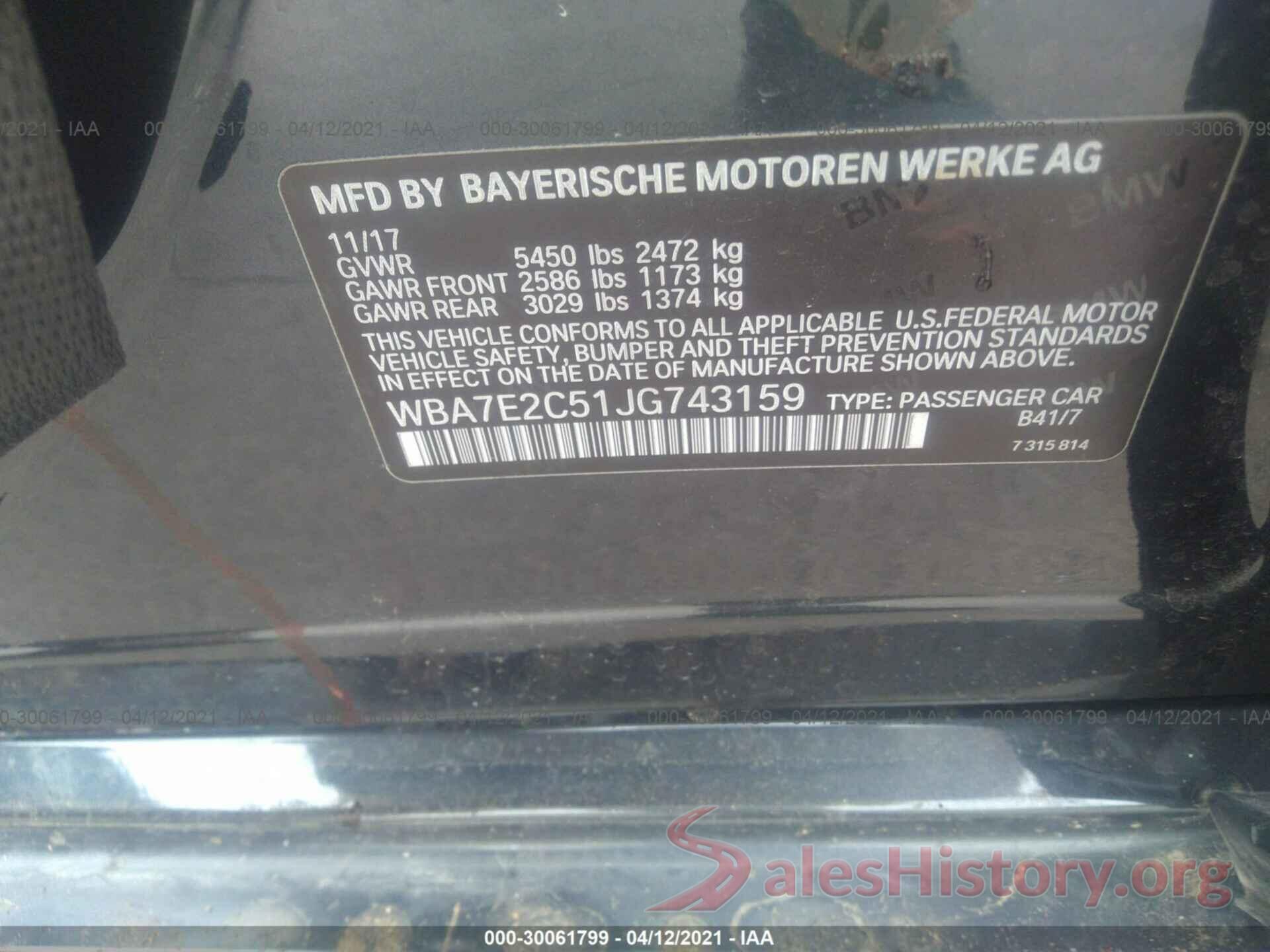 WBA7E2C51JG743159 2018 BMW 7 SERIES