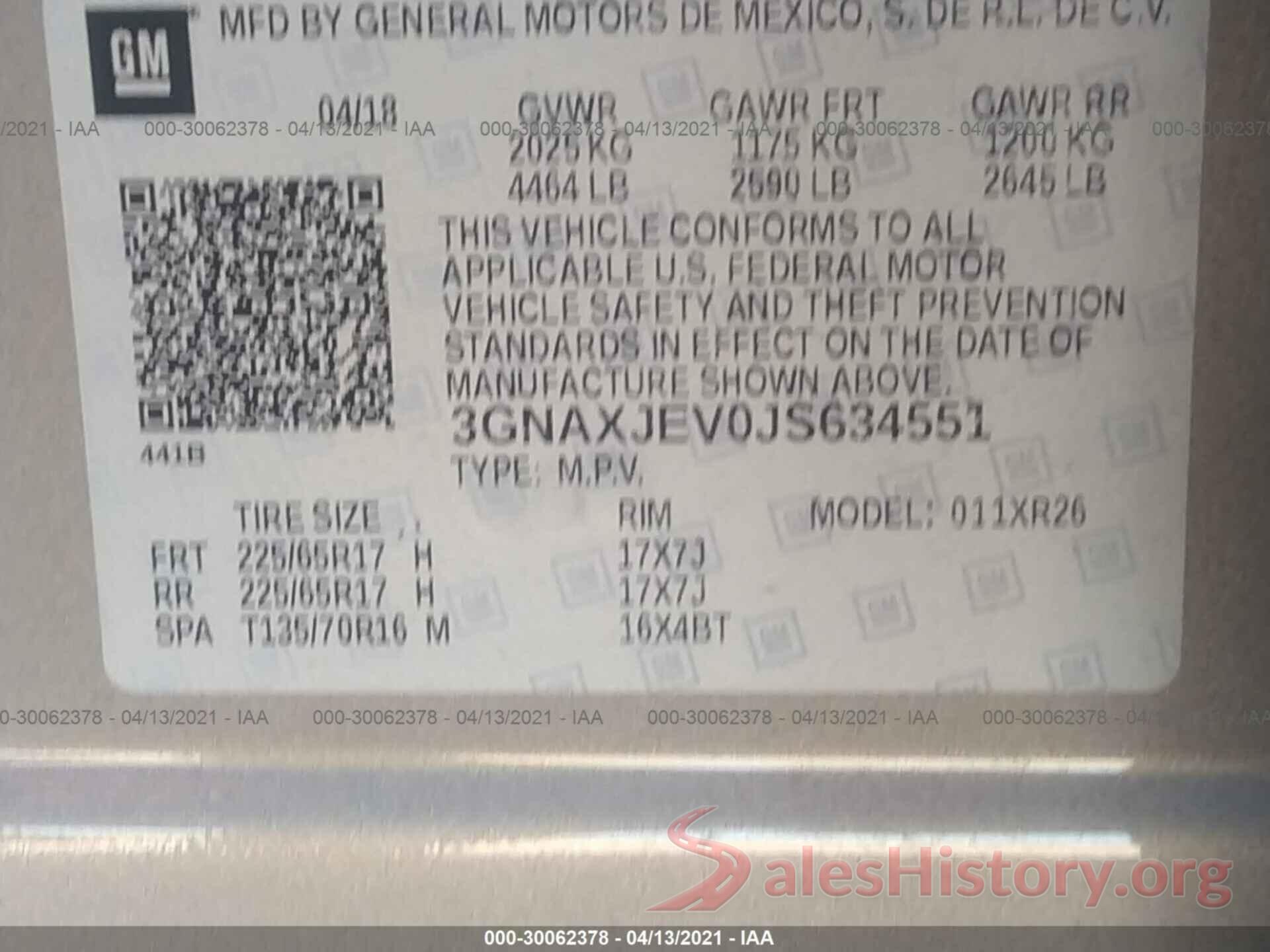 3GNAXJEV0JS634551 2018 CHEVROLET EQUINOX