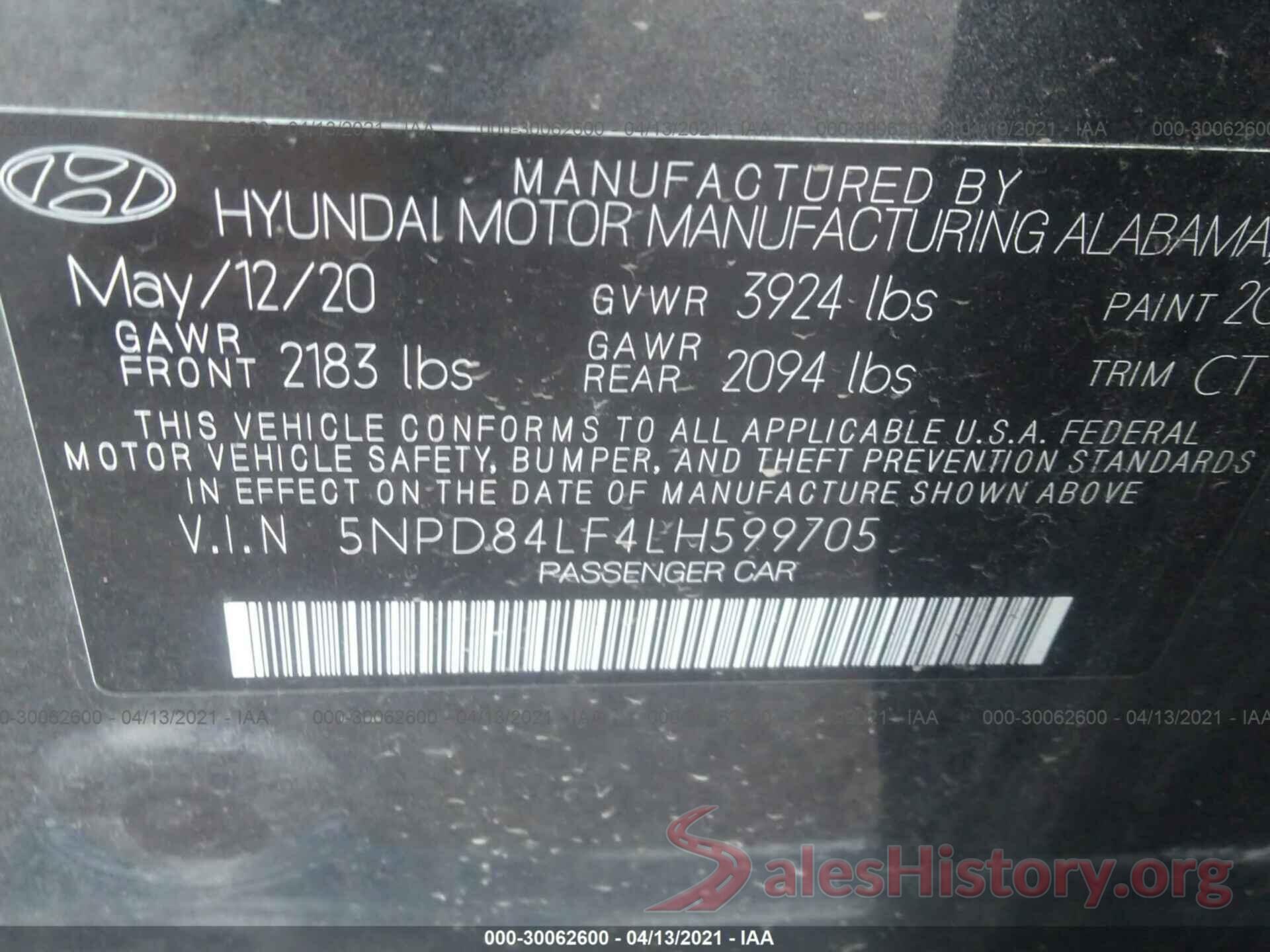 5NPD84LF4LH599705 2020 HYUNDAI ELANTRA