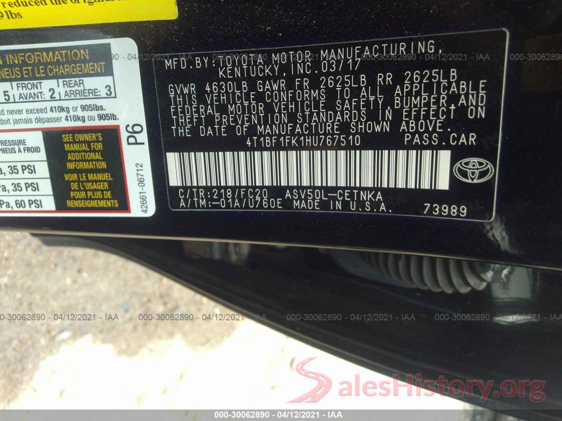 4T1BF1FK1HU767510 2017 TOYOTA CAMRY