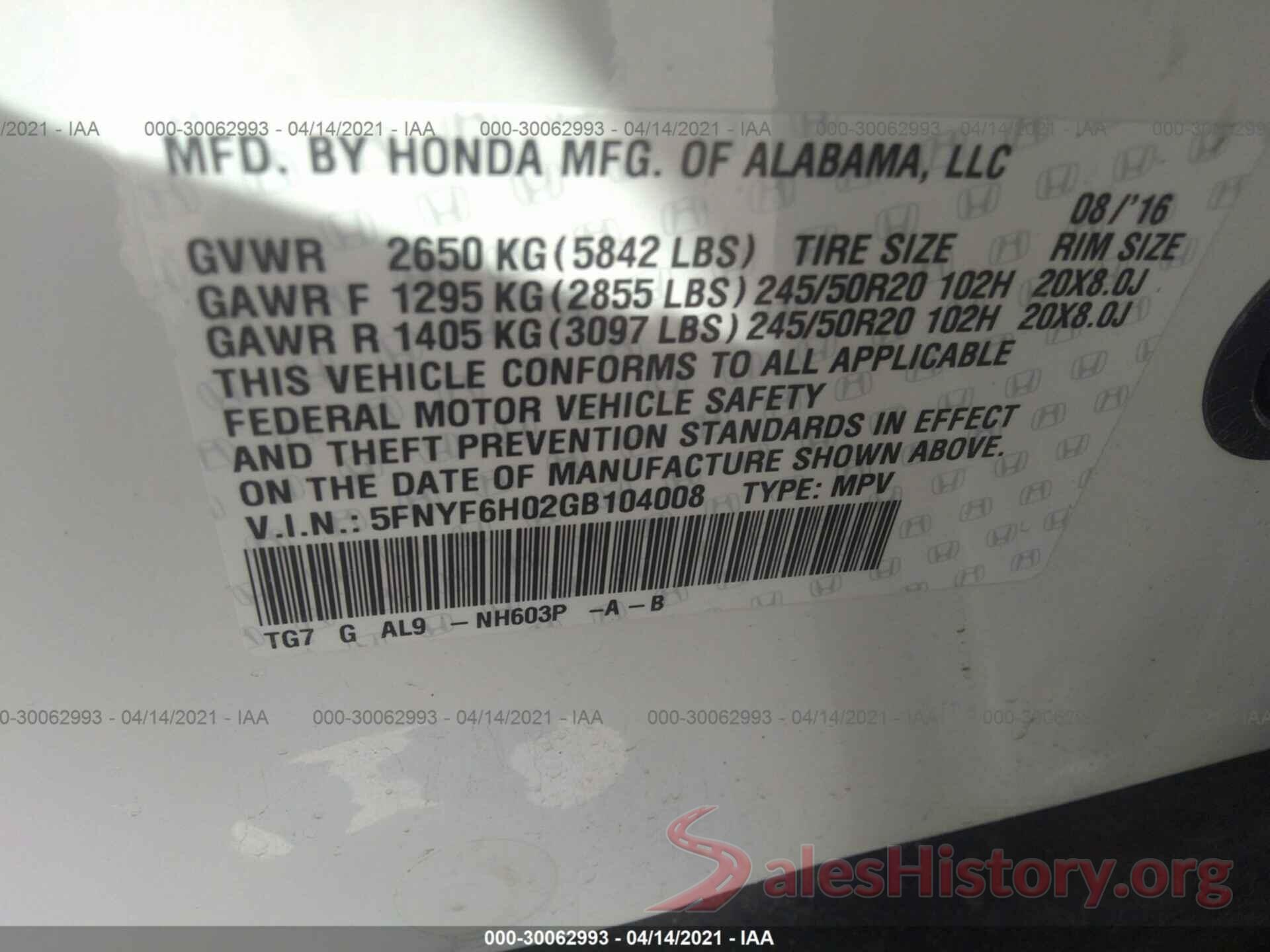 5FNYF6H02GB104008 2016 HONDA PILOT