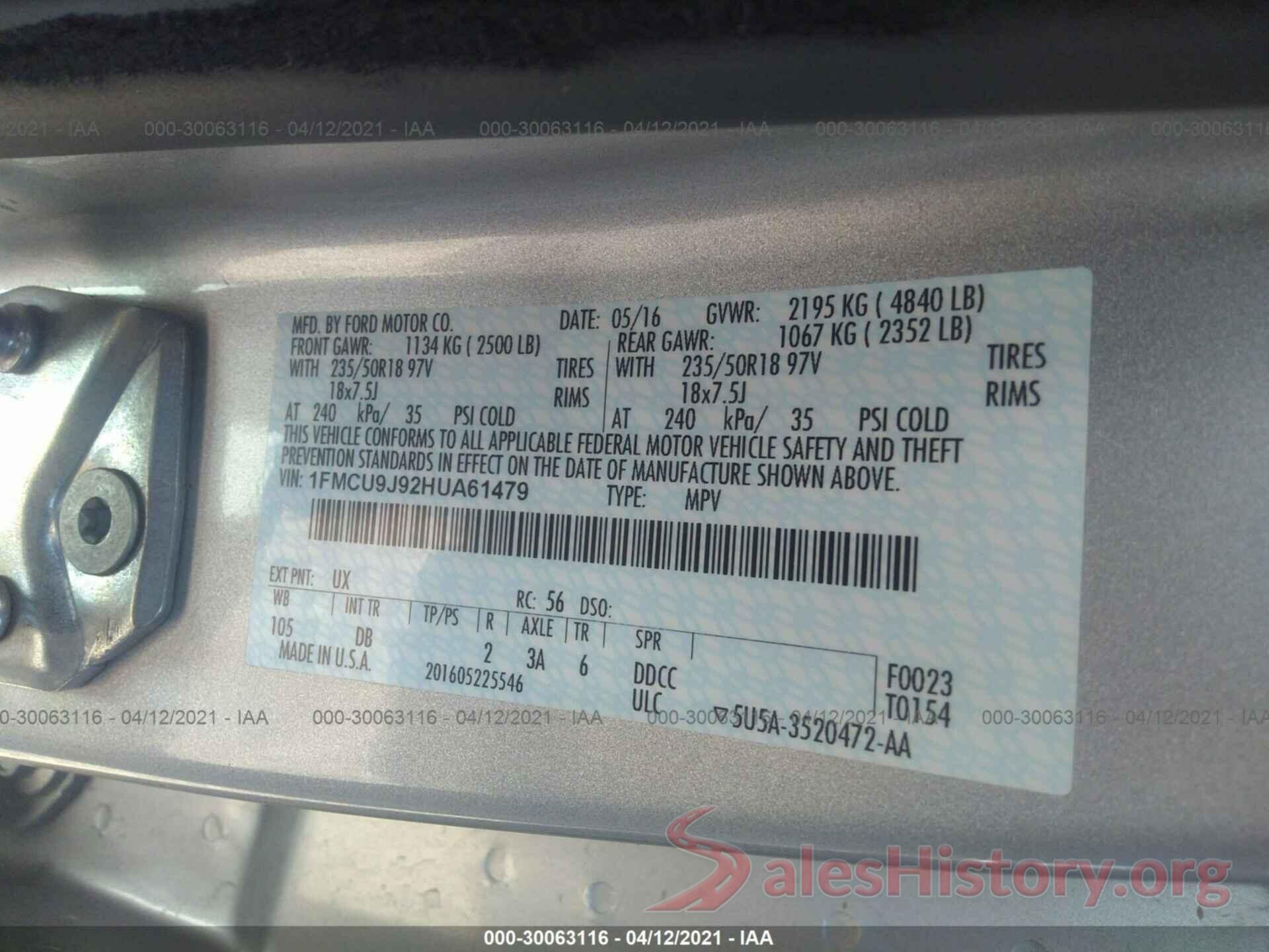 1FMCU9J92HUA61479 2017 FORD ESCAPE