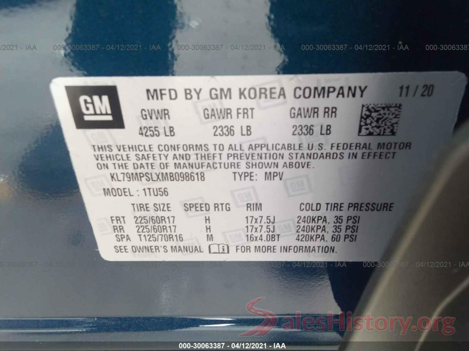 KL79MPSLXMB098618 2021 CHEVROLET TRAILBLAZER