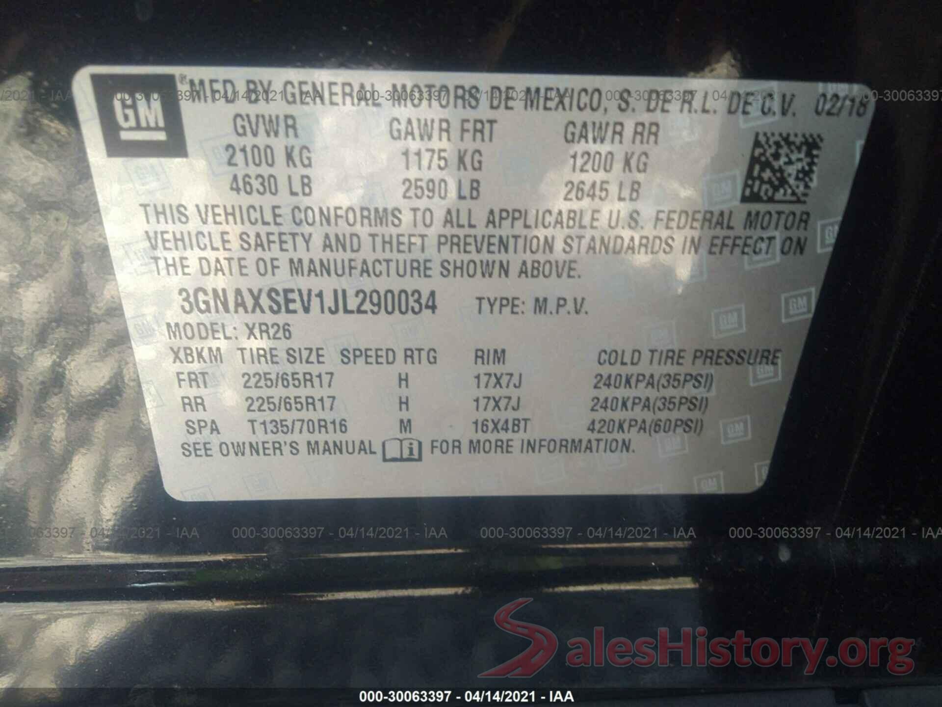 3GNAXSEV1JL290034 2018 CHEVROLET EQUINOX