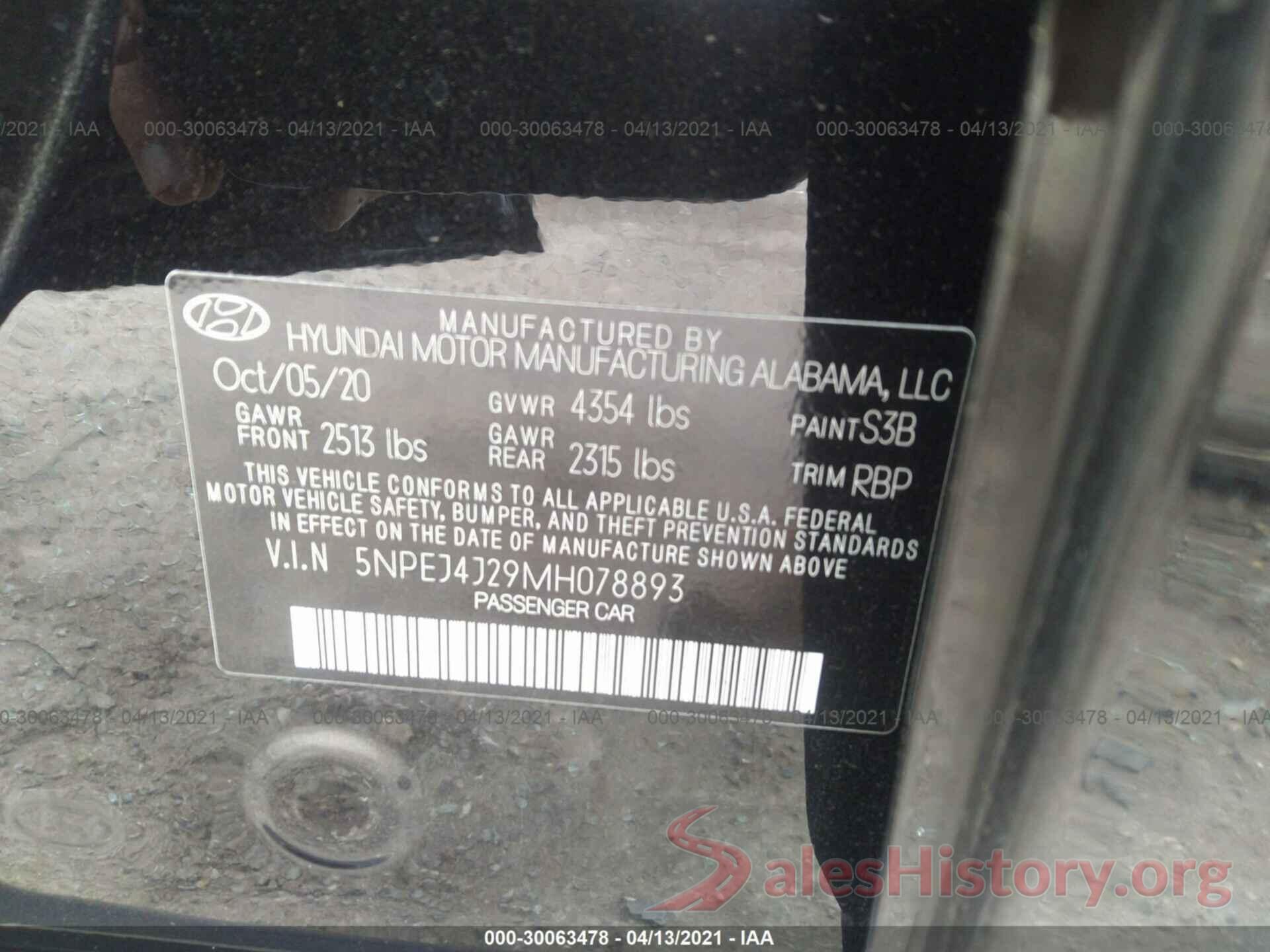 5NPEJ4J29MH078893 2021 HYUNDAI SONATA