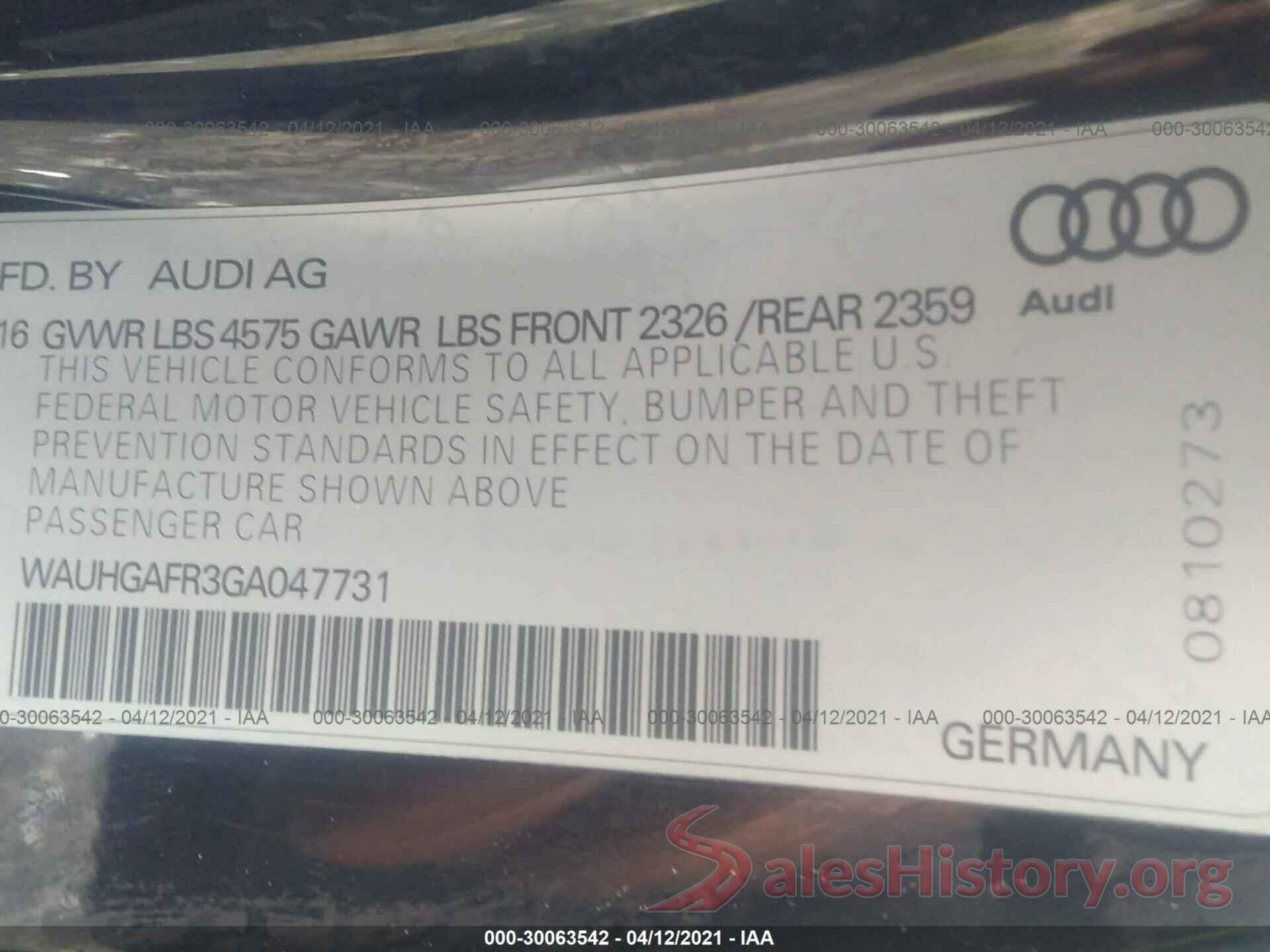 WAUHGAFR3GA047731 2016 AUDI A5