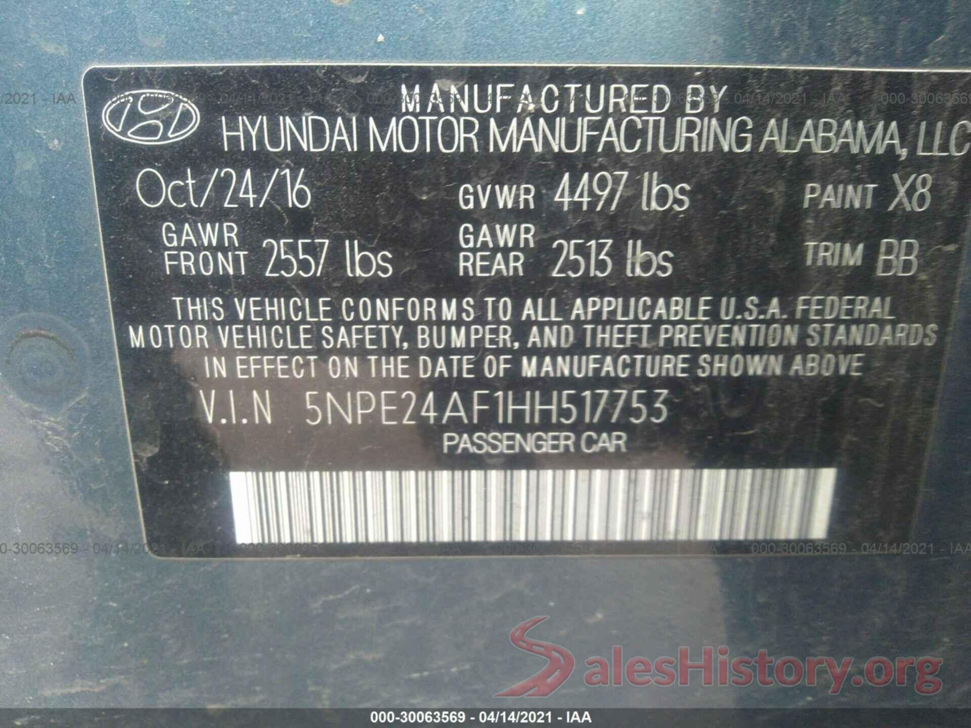 5NPE24AF1HH517753 2017 HYUNDAI SONATA