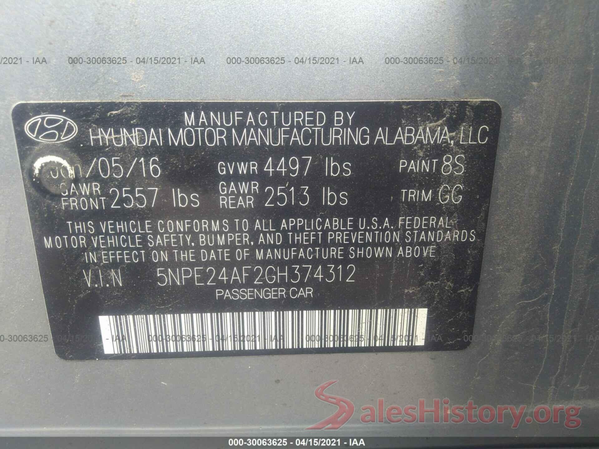 5NPE24AF2GH374312 2016 HYUNDAI SONATA