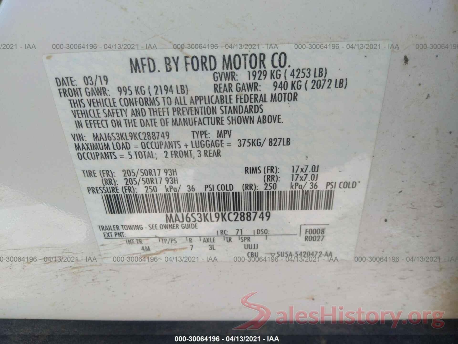 MAJ6S3KL9KC288749 2019 FORD ECOSPORT