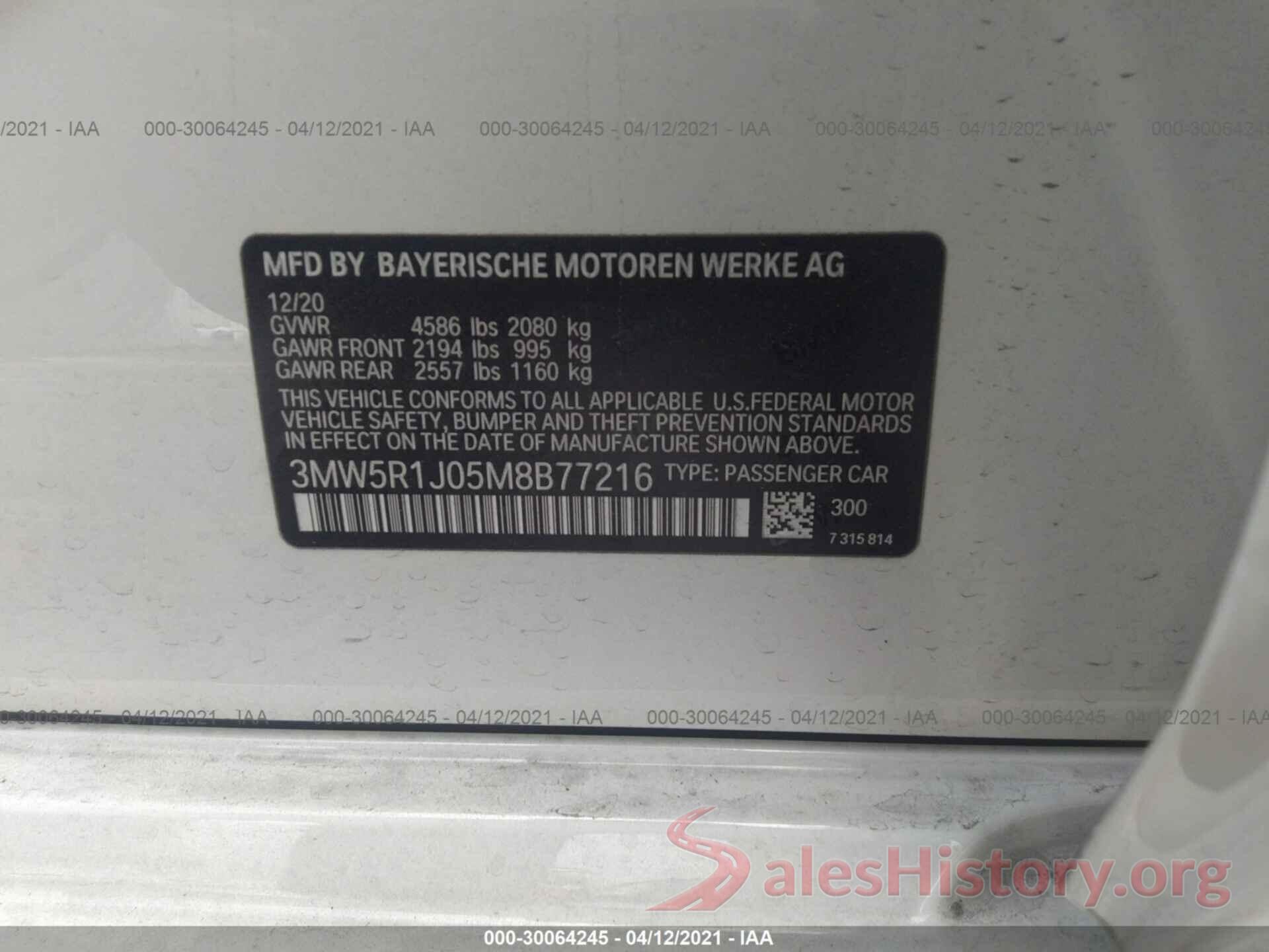 3MW5R1J05M8B77216 2021 BMW 3 SERIES