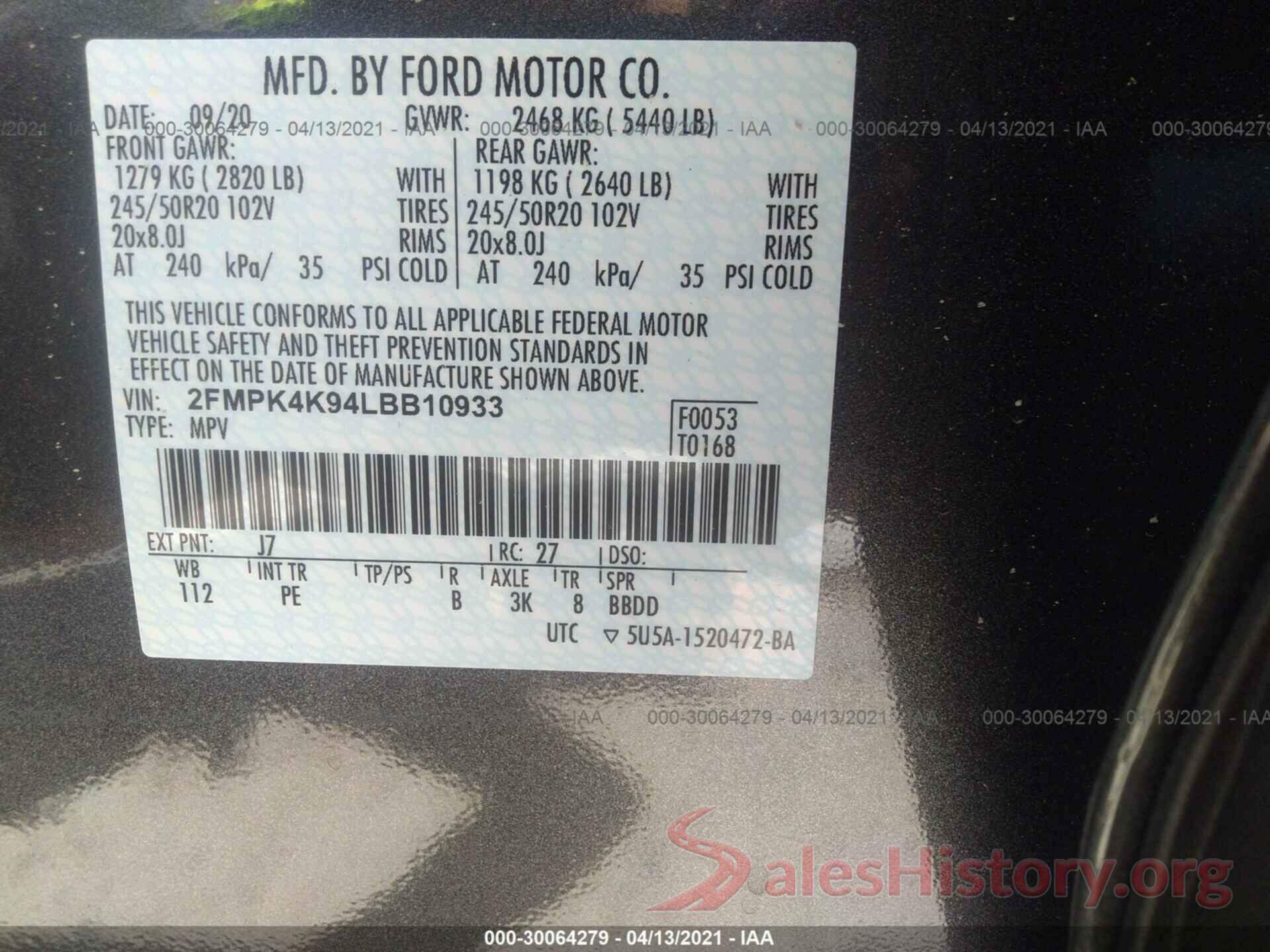 2FMPK4K94LBB10933 2020 FORD EDGE