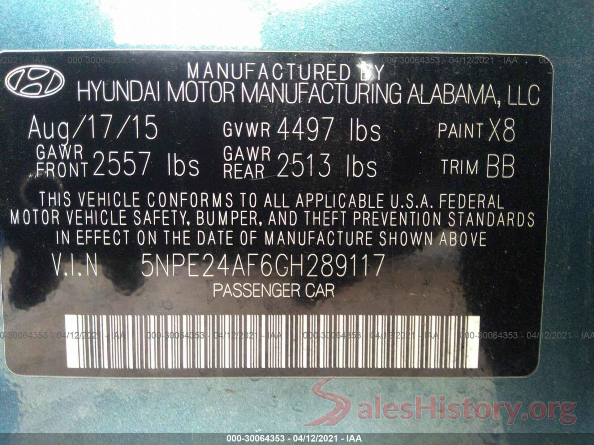 5NPE24AF6GH289117 2016 HYUNDAI SONATA