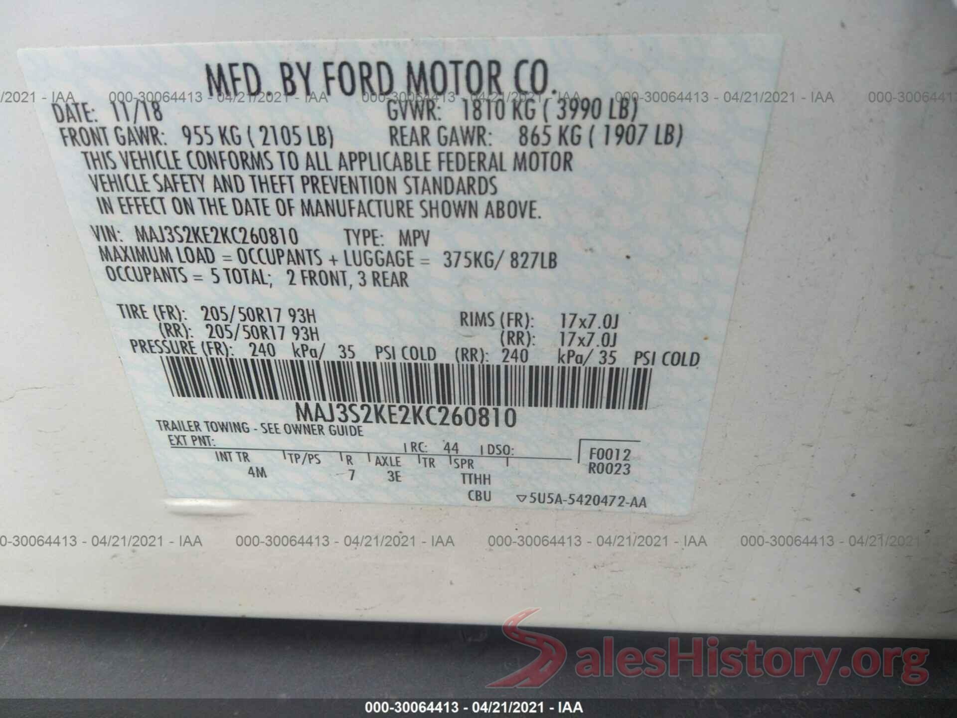 MAJ3S2KE2KC260810 2019 FORD ECOSPORT