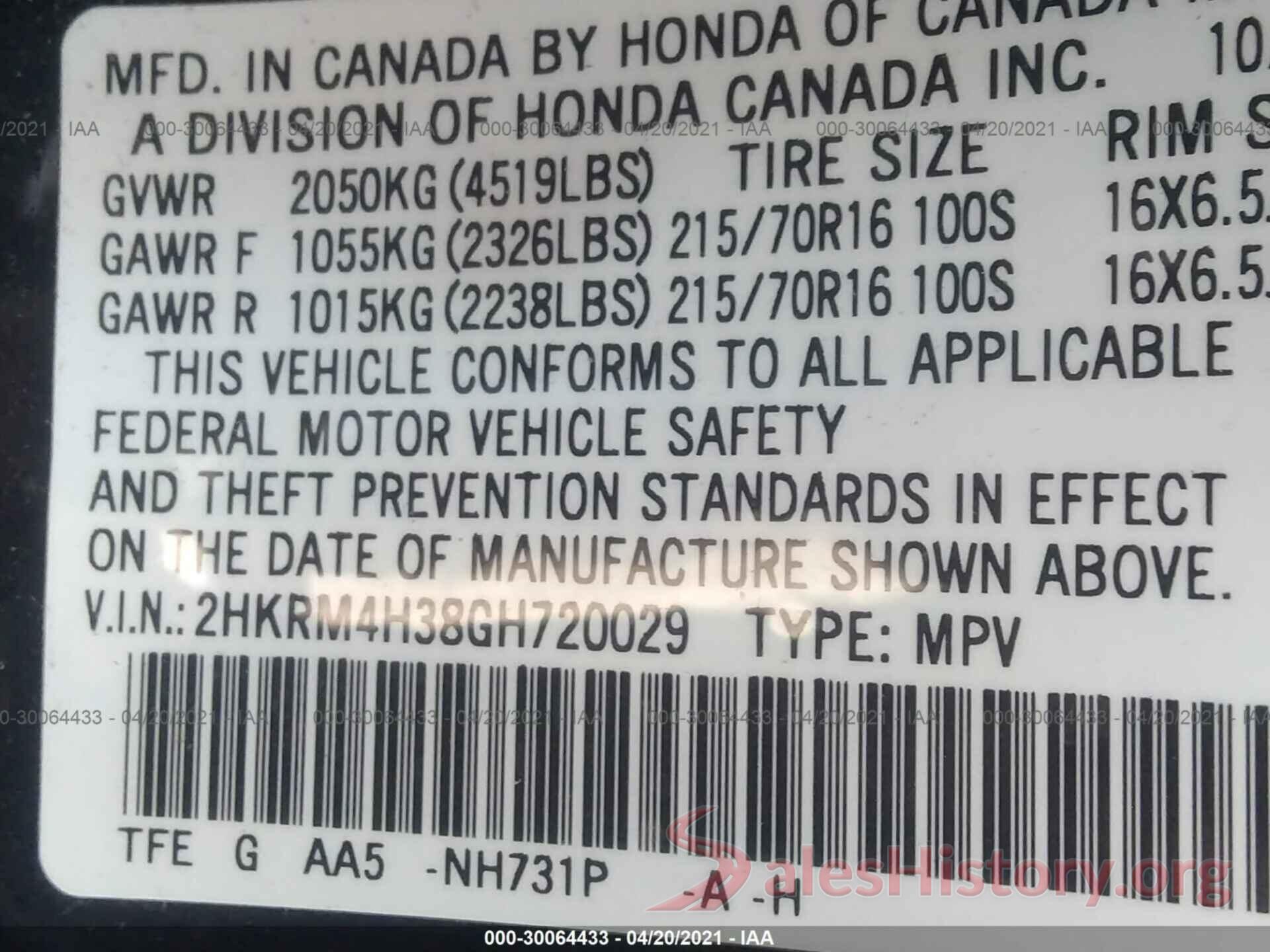 2HKRM4H38GH720029 2016 HONDA CR-V