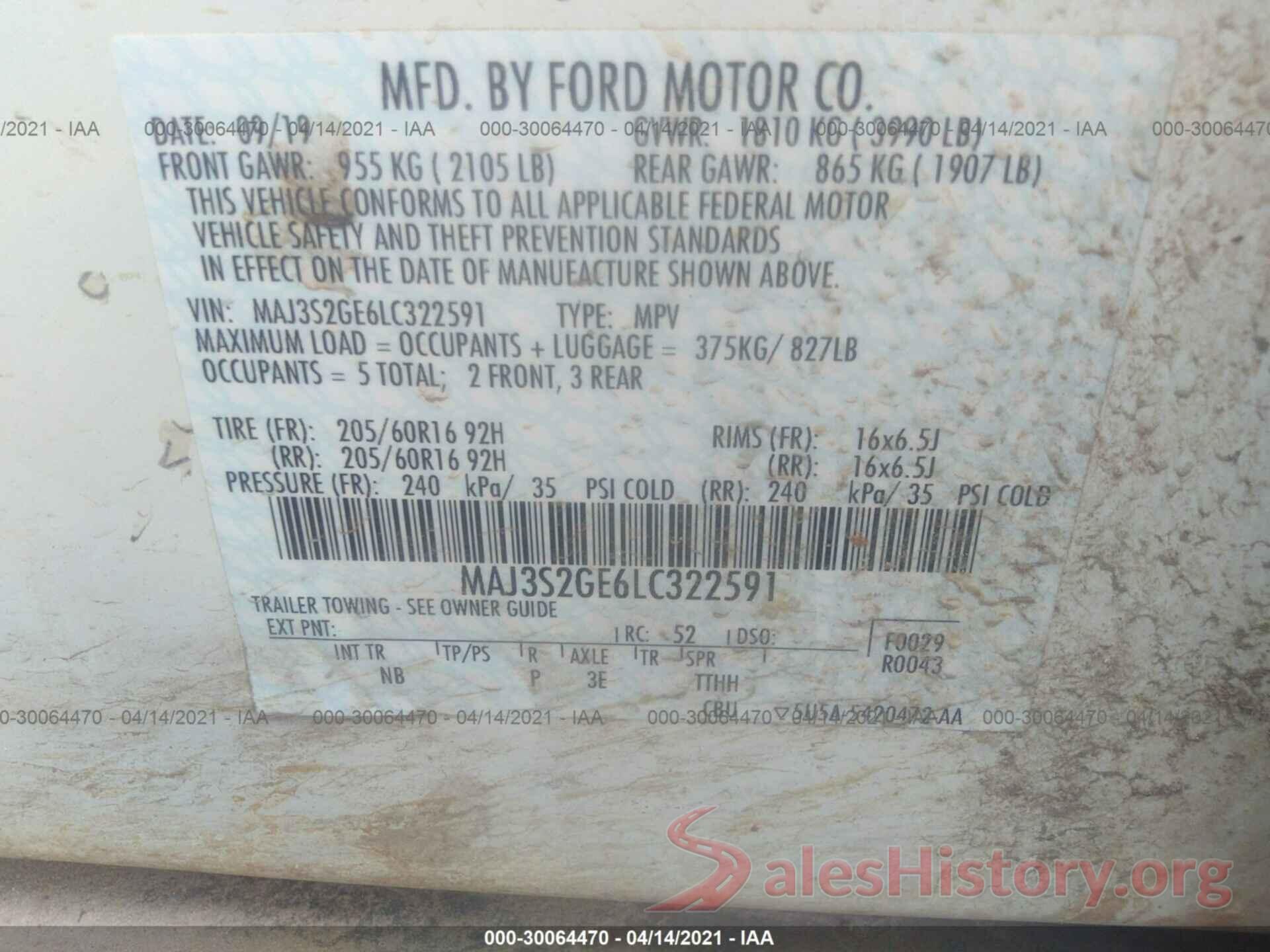 MAJ3S2GE6LC322591 2020 FORD ECOSPORT