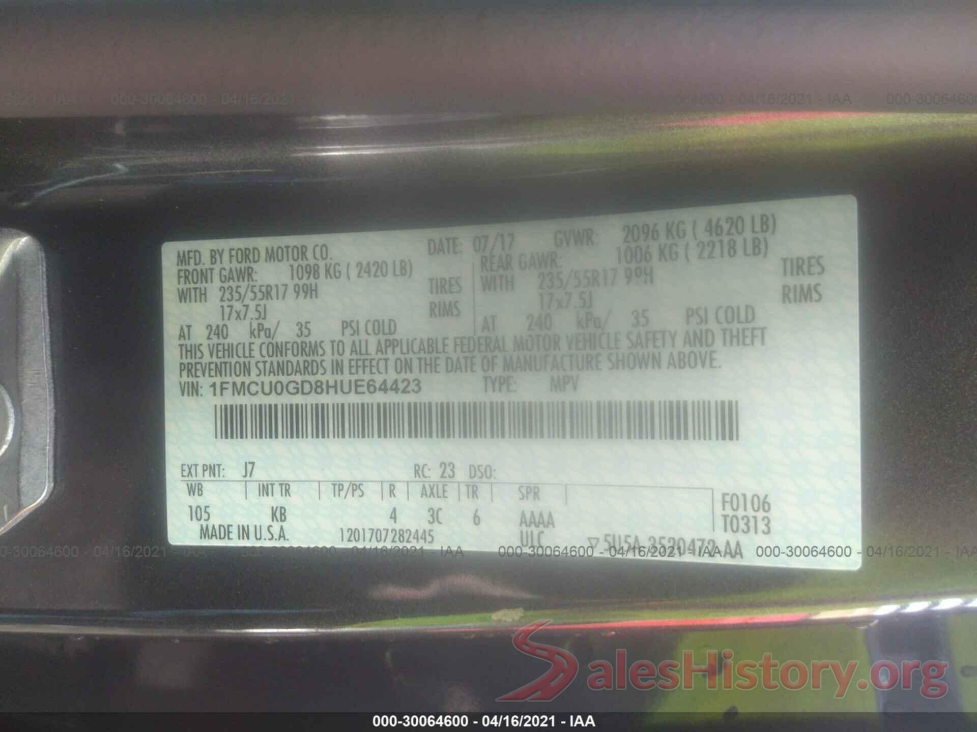 1FMCU0GD8HUE64423 2017 FORD ESCAPE