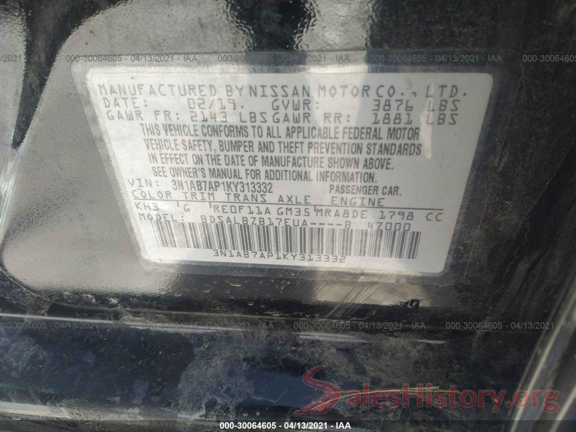 3N1AB7AP1KY313332 2019 NISSAN SENTRA