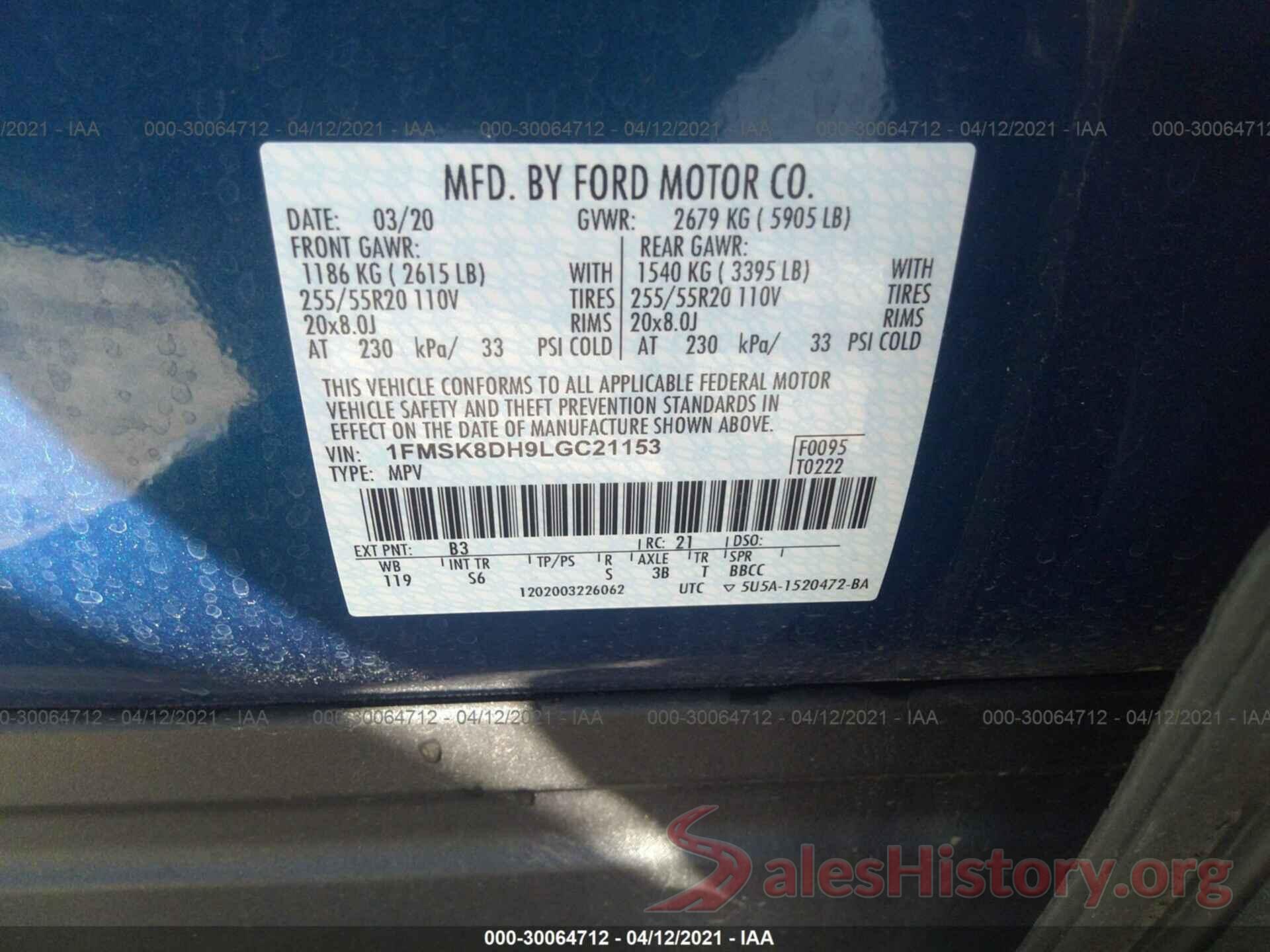 1FMSK8DH9LGC21153 2020 FORD EXPLORER