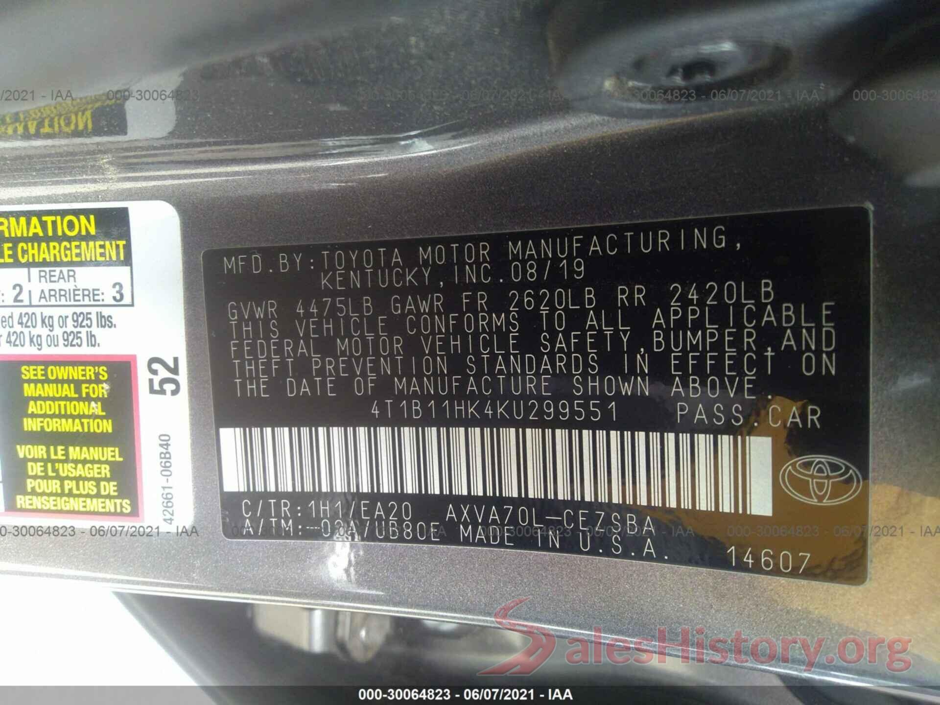 4T1B11HK4KU299551 2019 TOYOTA CAMRY