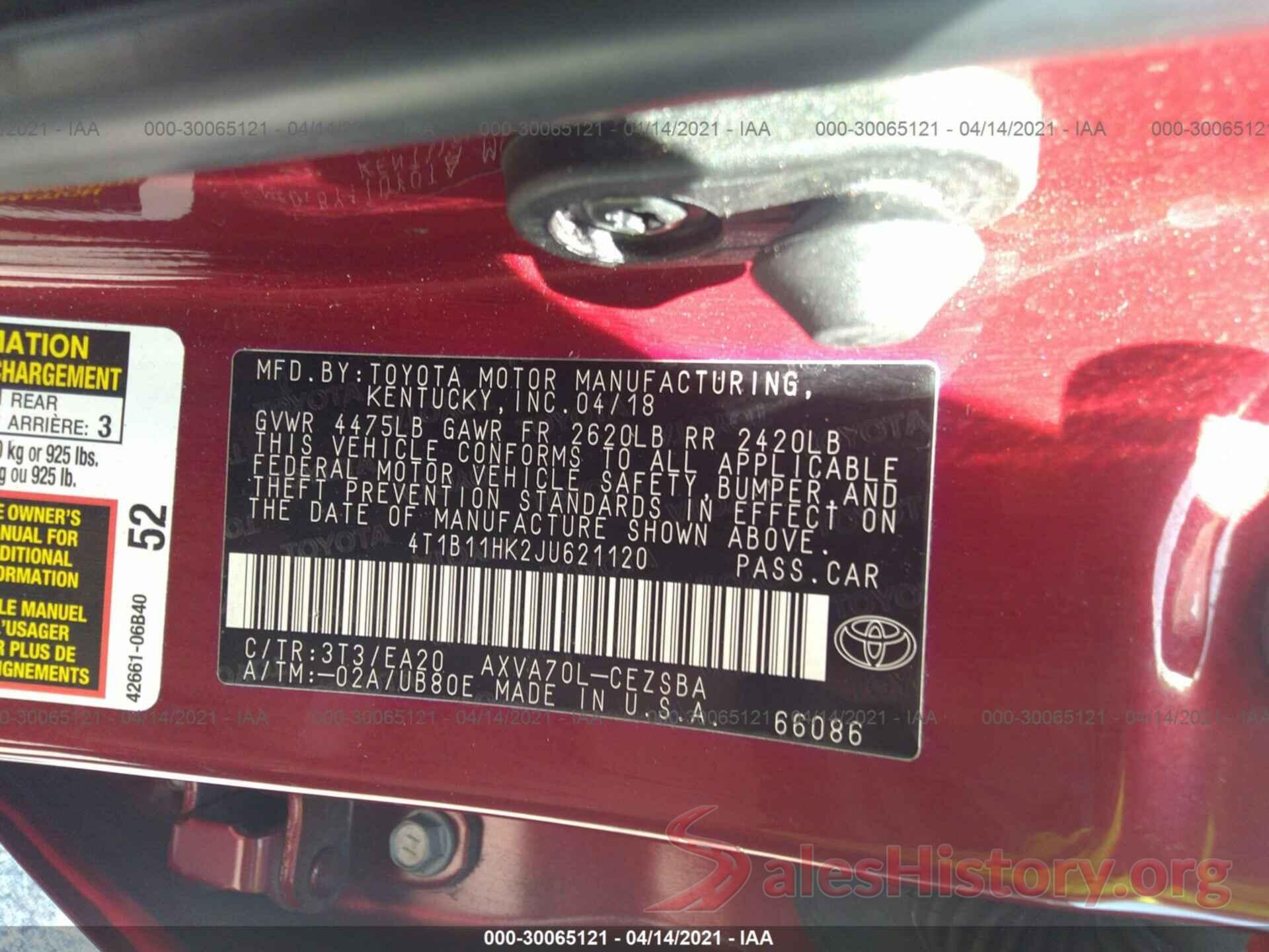 4T1B11HK2JU621120 2018 TOYOTA CAMRY