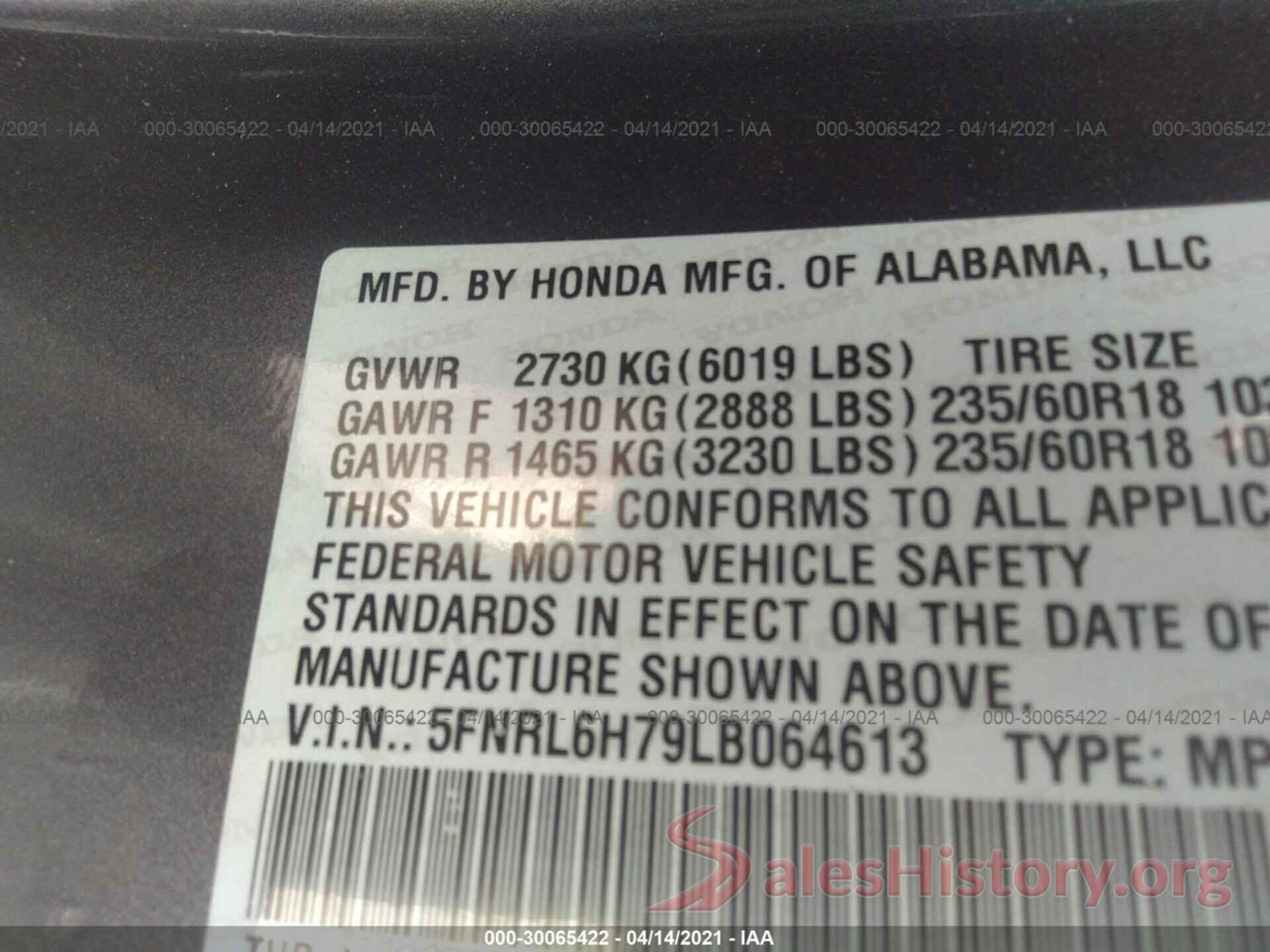 5FNRL6H79LB064613 2020 HONDA ODYSSEY