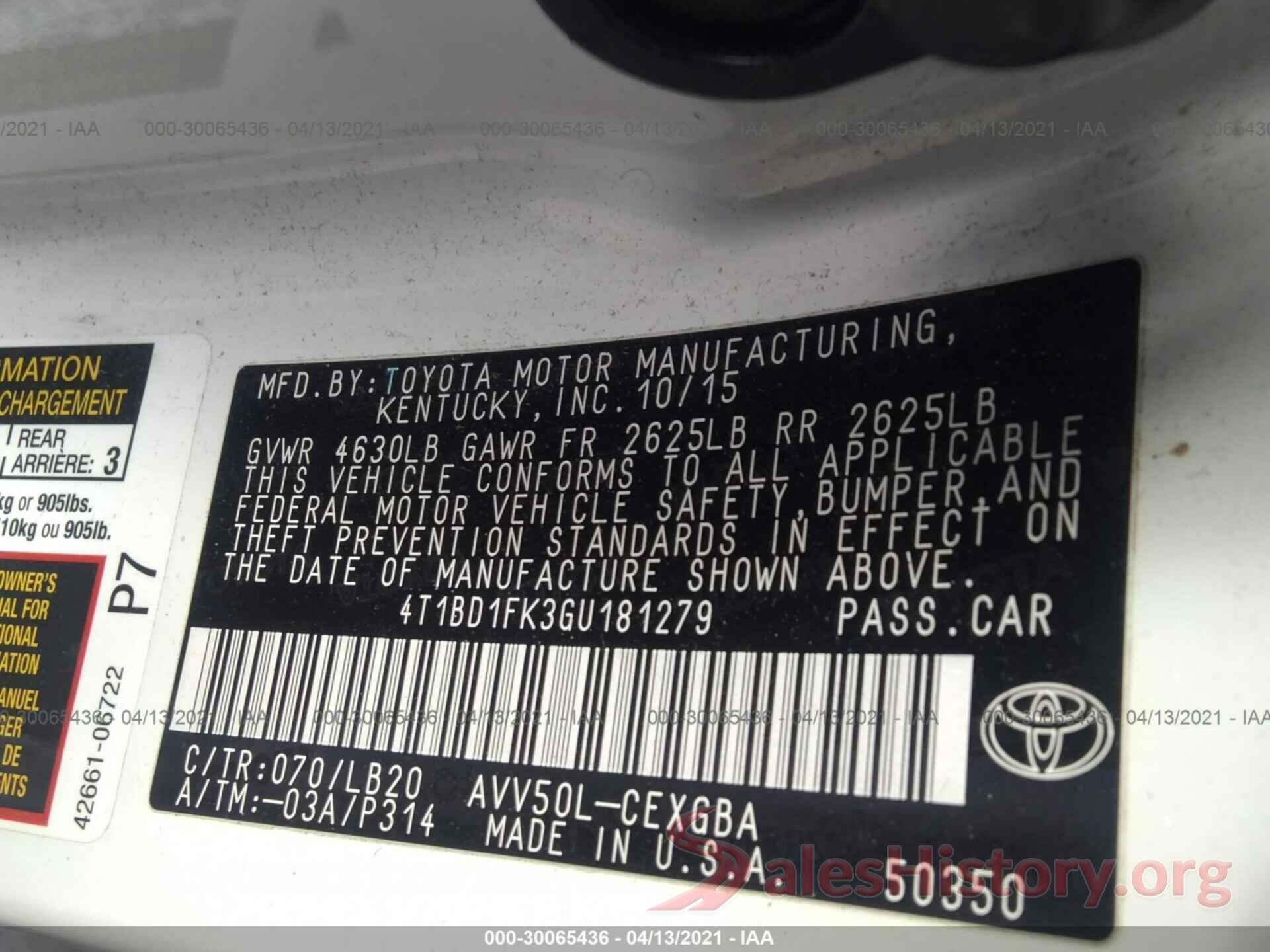 4T1BD1FK3GU181279 2016 TOYOTA CAMRY HYBRID