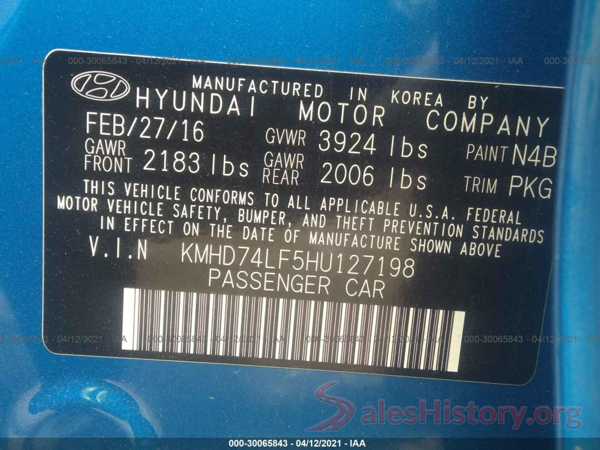 KMHD74LF5HU127198 2017 HYUNDAI ELANTRA