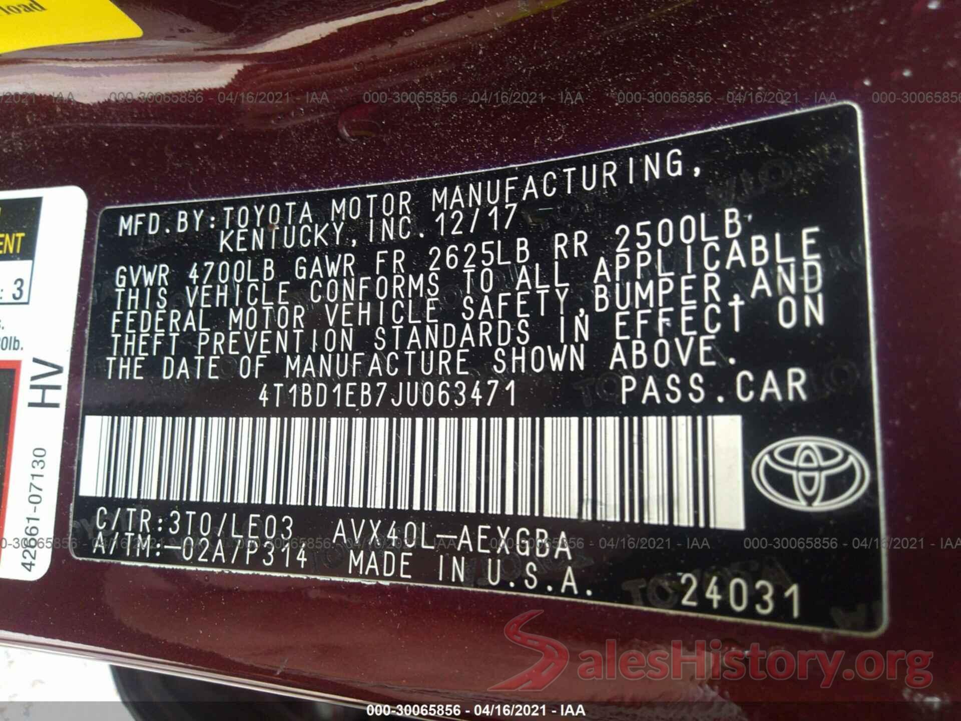 4T1BD1EB7JU063471 2018 TOYOTA AVALON