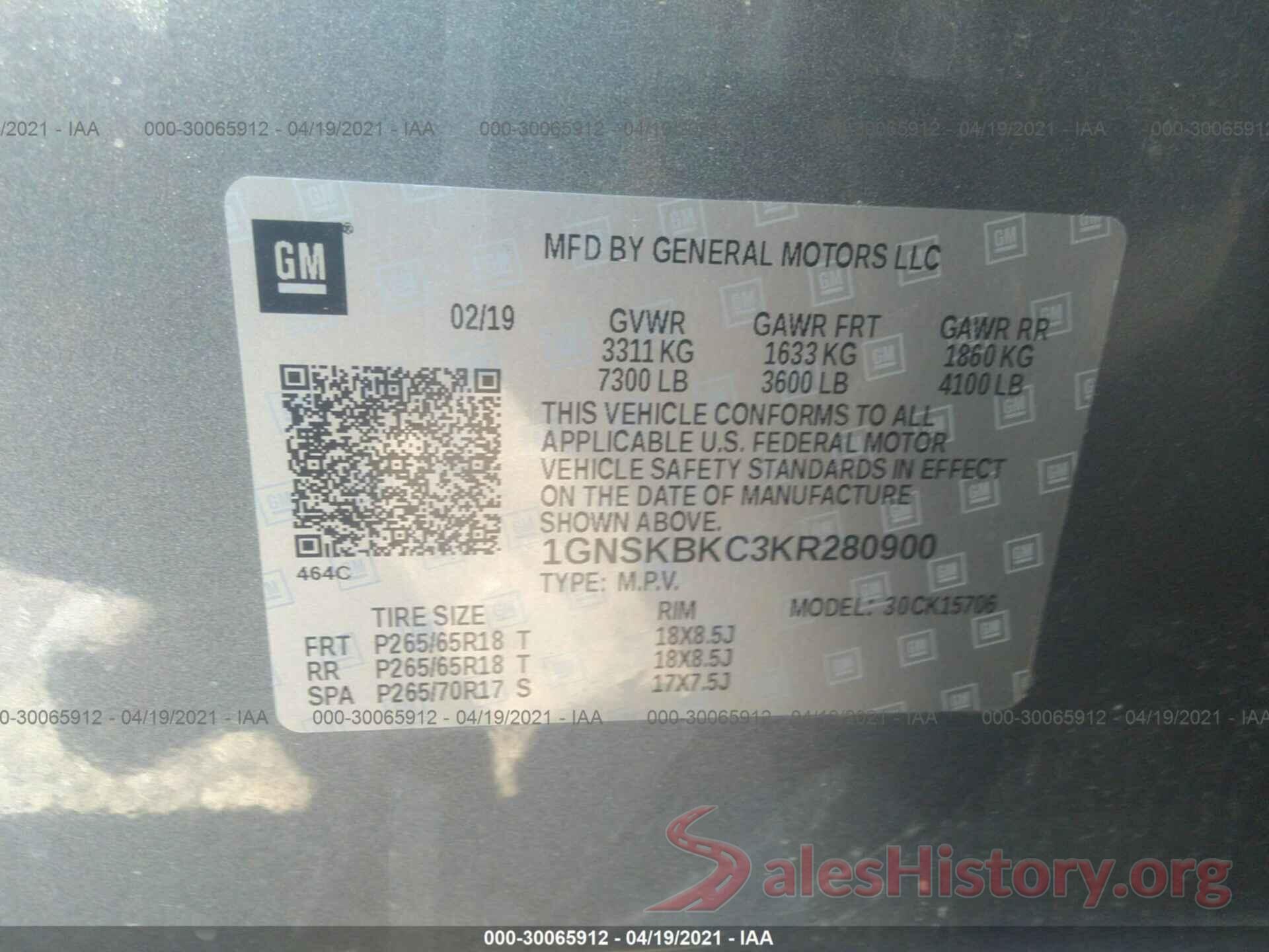 1GNSKBKC3KR280900 2019 CHEVROLET TAHOE