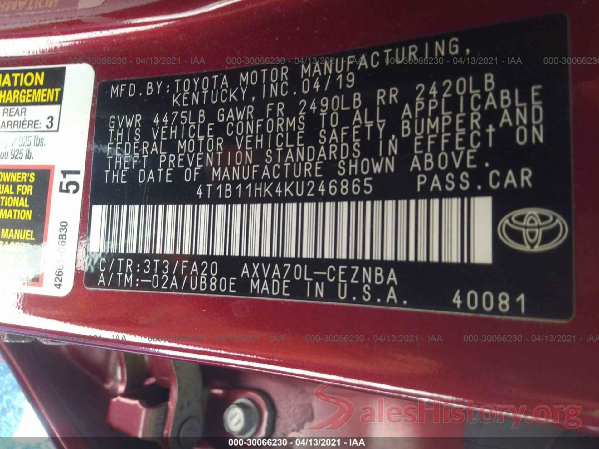 4T1B11HK4KU246865 2019 TOYOTA CAMRY