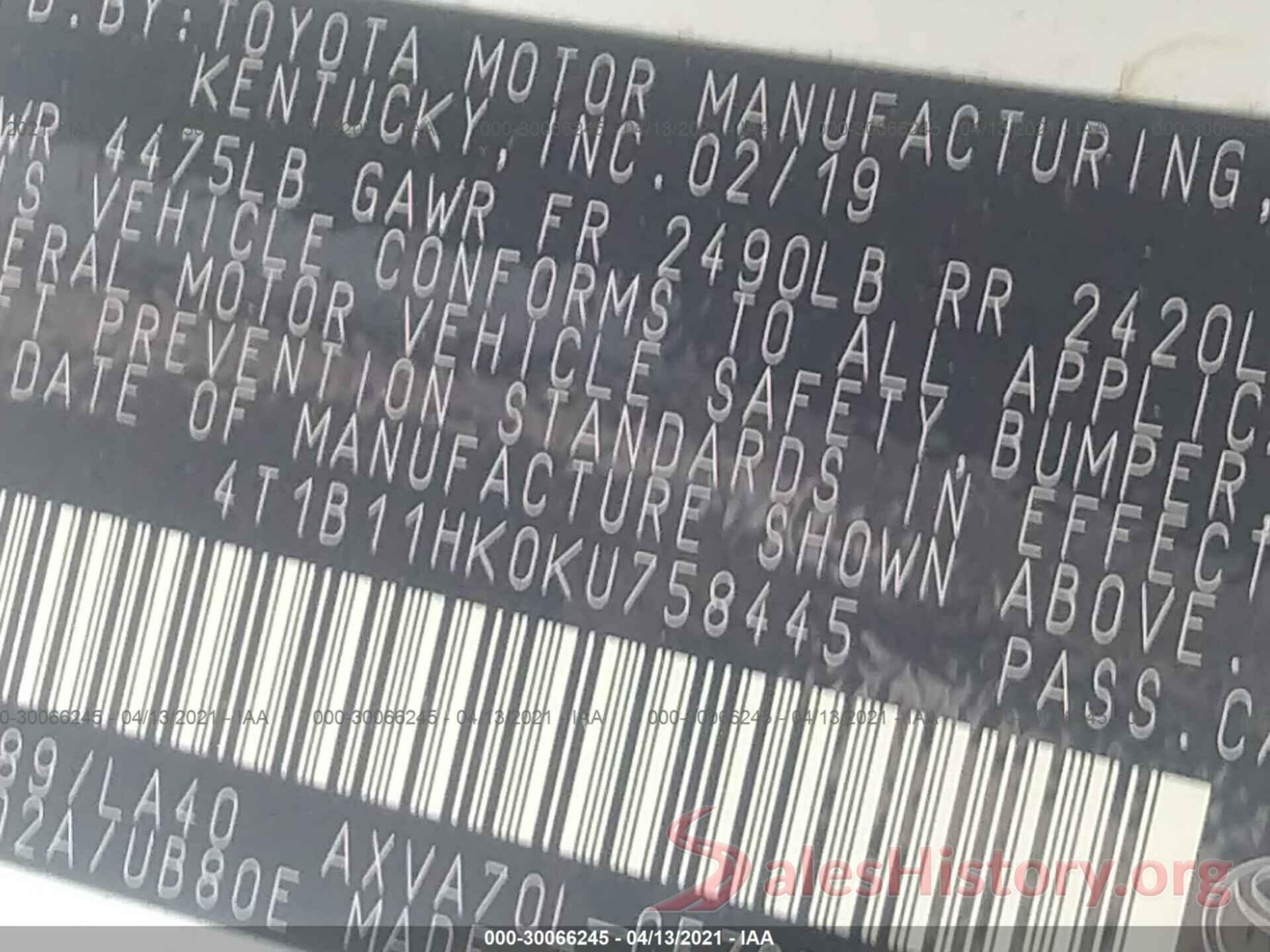 4T1B11HK0KU758445 2019 TOYOTA CAMRY