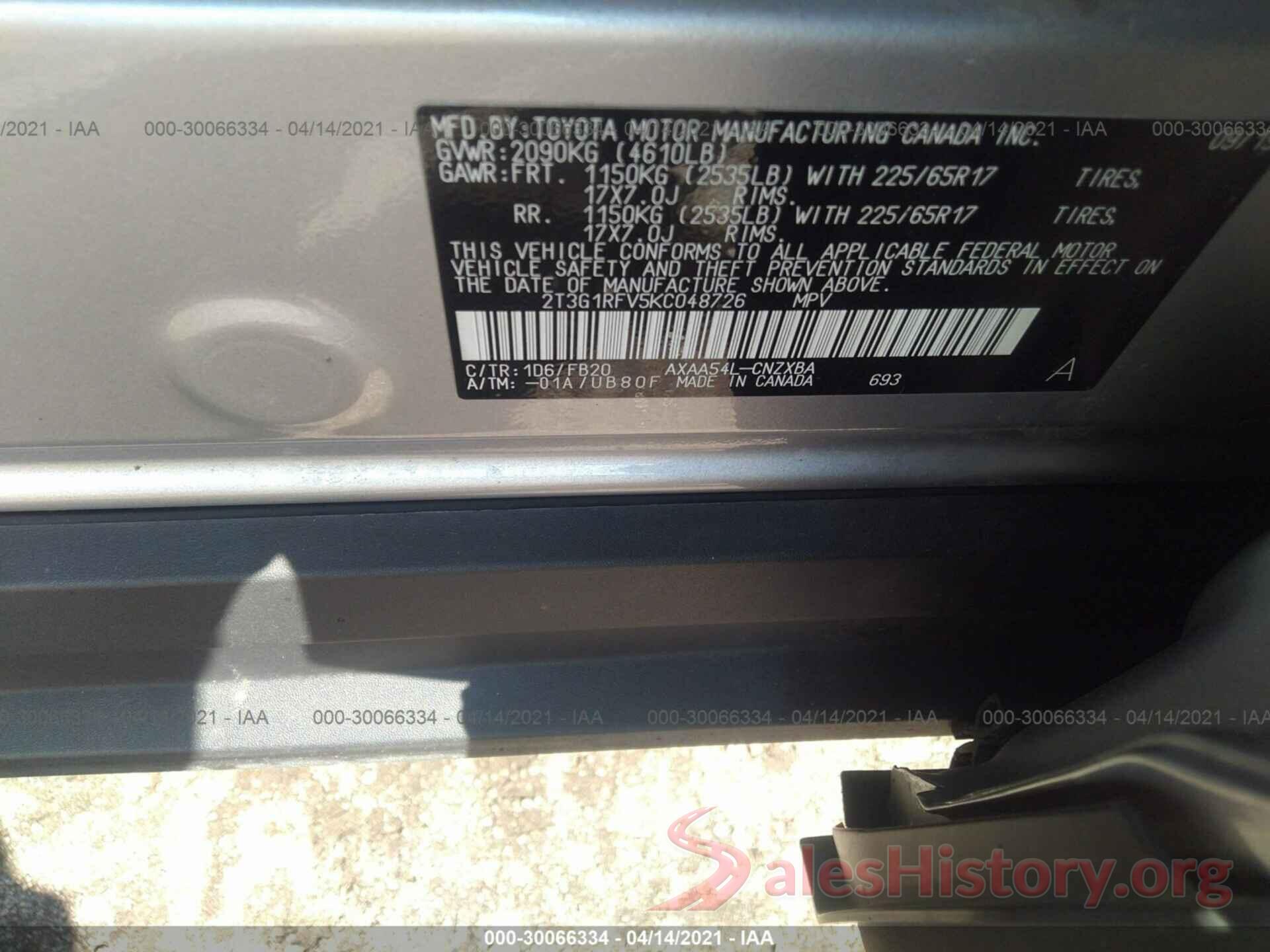 2T3G1RFV5KC048726 2019 TOYOTA RAV4