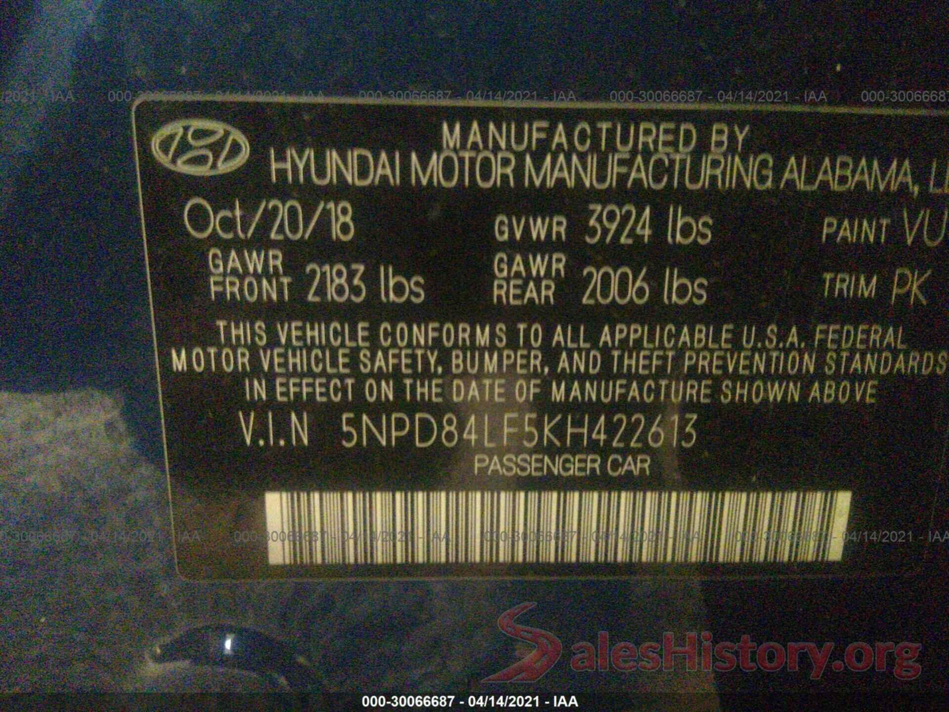 5NPD84LF5KH422613 2019 HYUNDAI ELANTRA