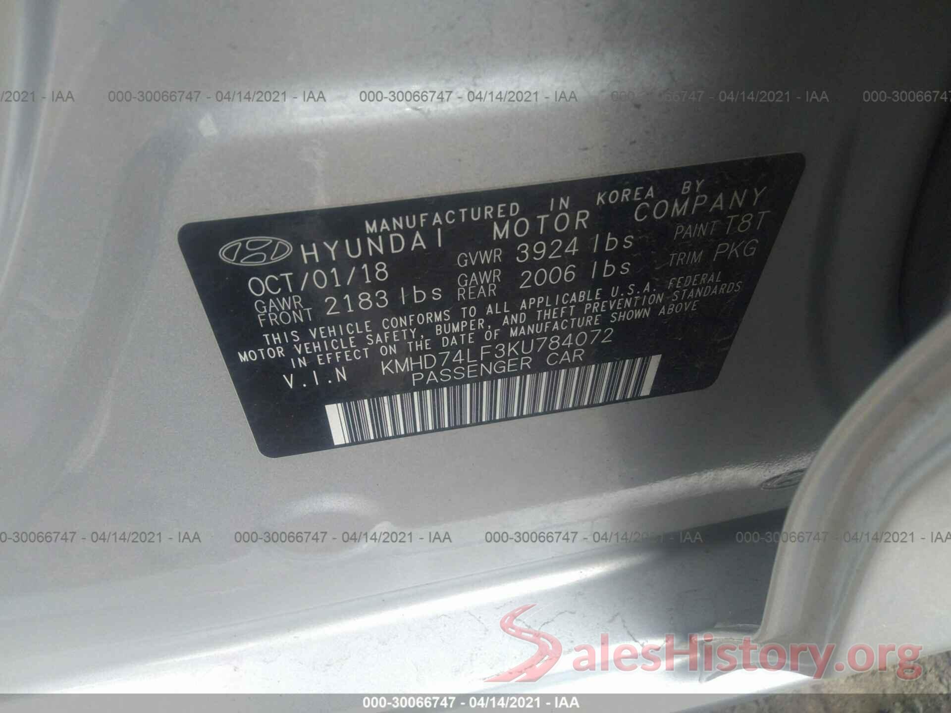 KMHD74LF3KU784072 2019 HYUNDAI ELANTRA