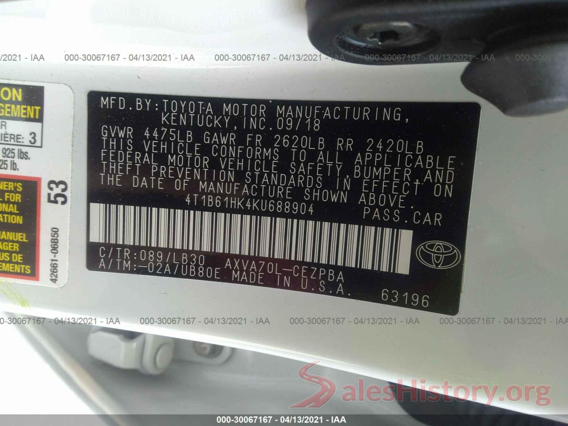 4T1B61HK4KU688904 2019 TOYOTA CAMRY