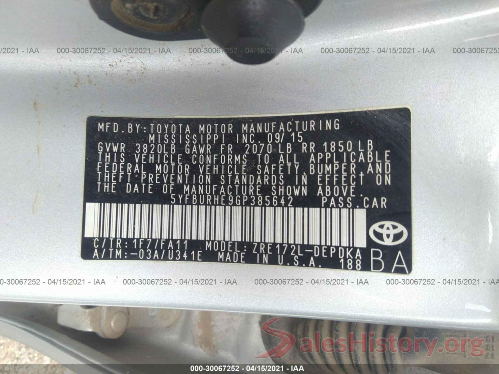 5YFBURHE9GP385642 2016 TOYOTA COROLLA