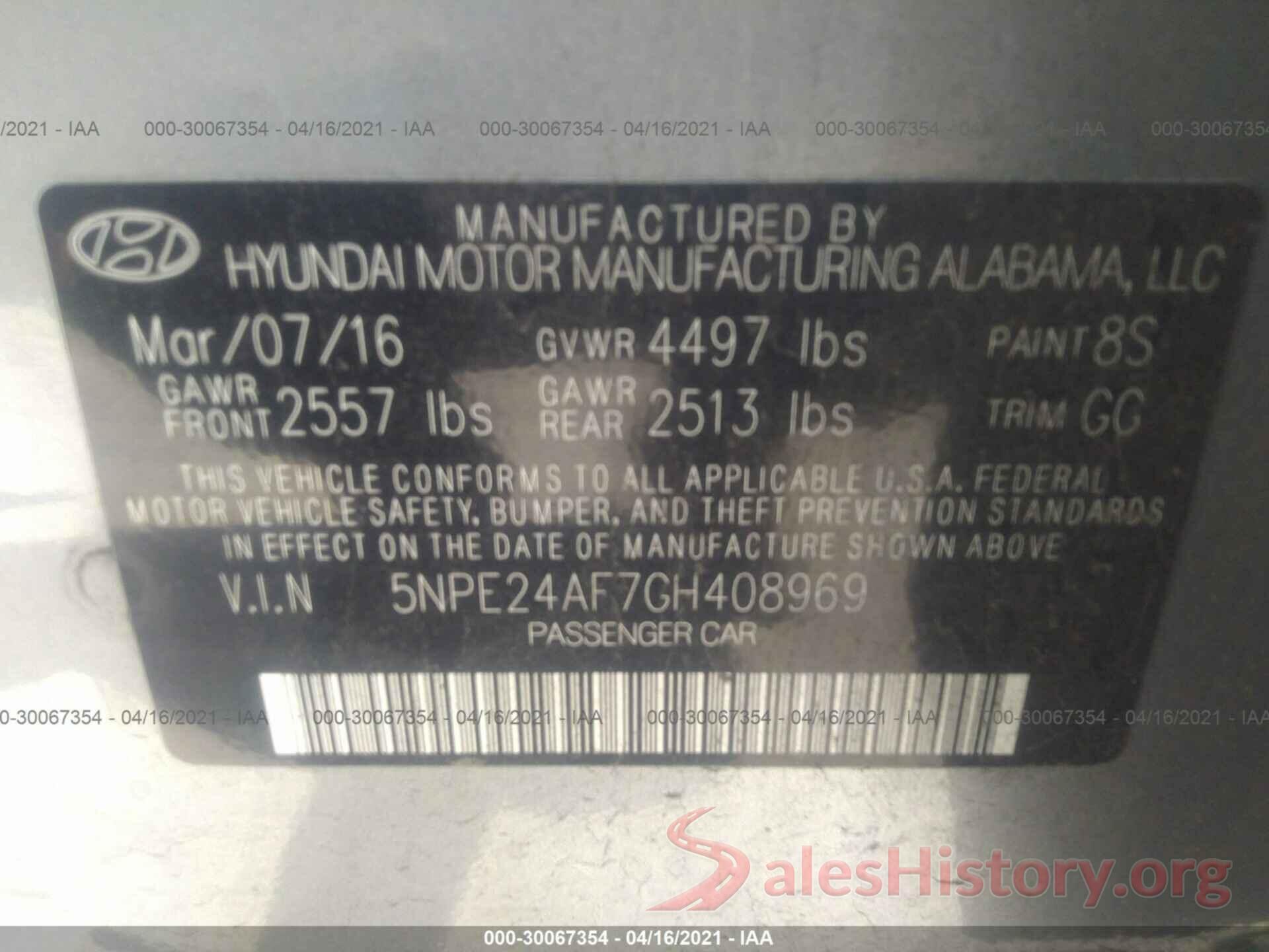 5NPE24AF7GH408969 2016 HYUNDAI SONATA