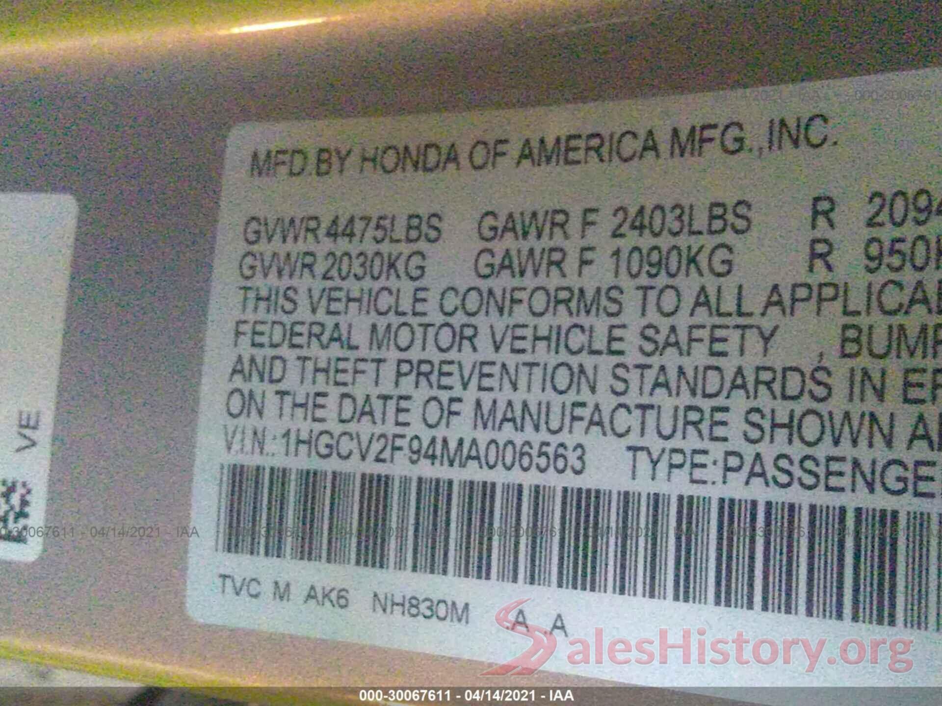 1HGCV2F94MA006563 2021 HONDA ACCORD SEDAN