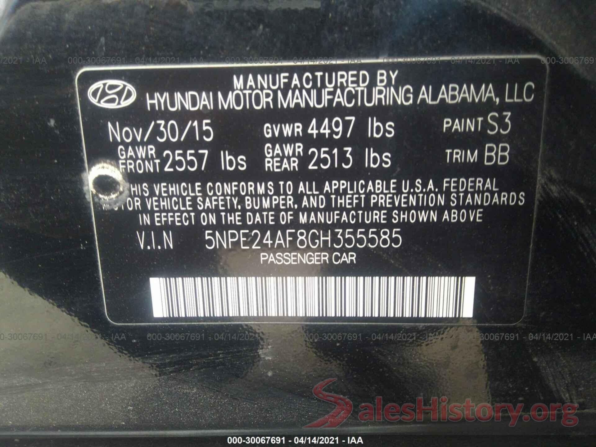 5NPE24AF8GH355585 2016 HYUNDAI SONATA