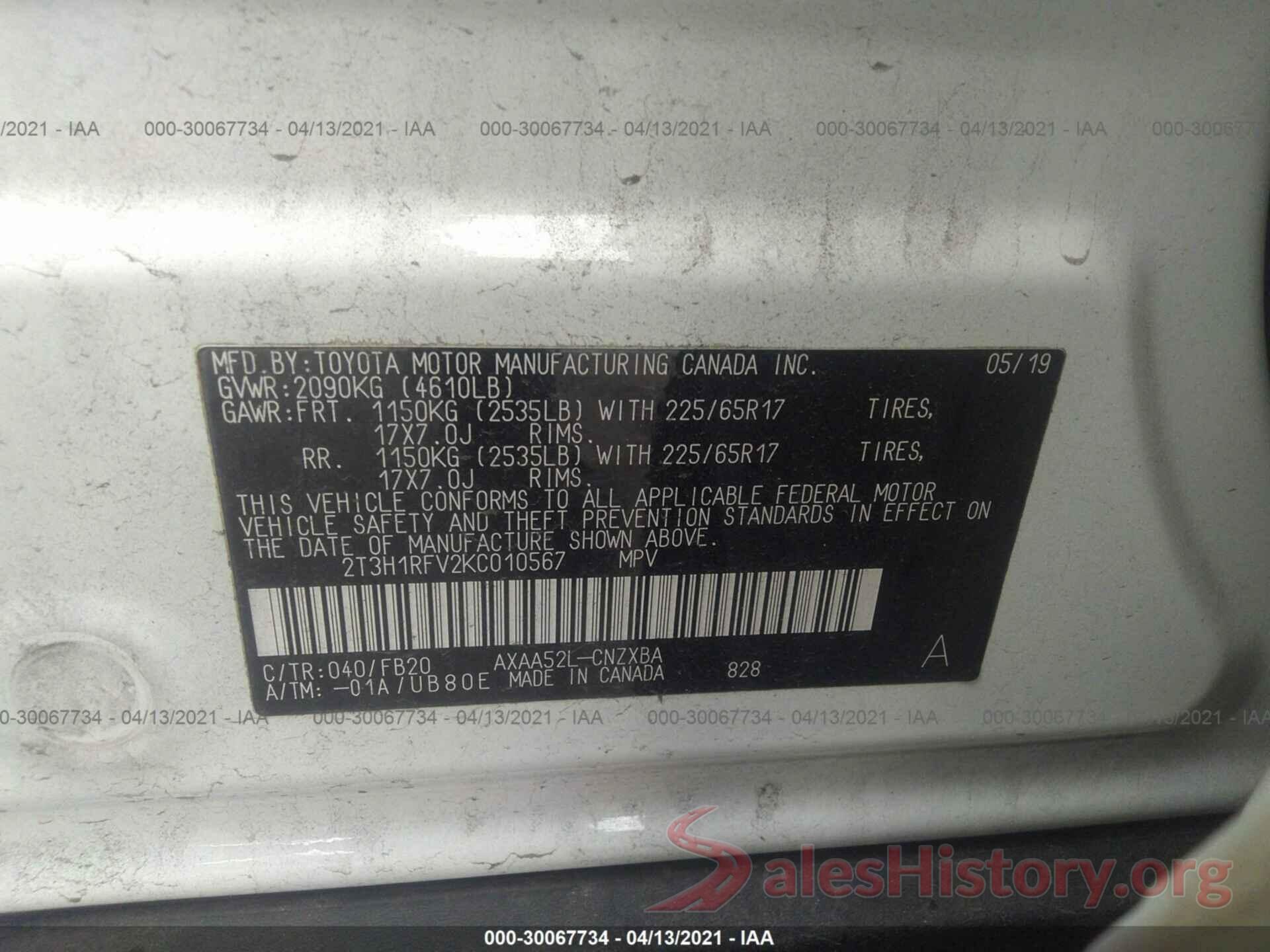 2T3H1RFV2KC010567 2019 TOYOTA RAV4