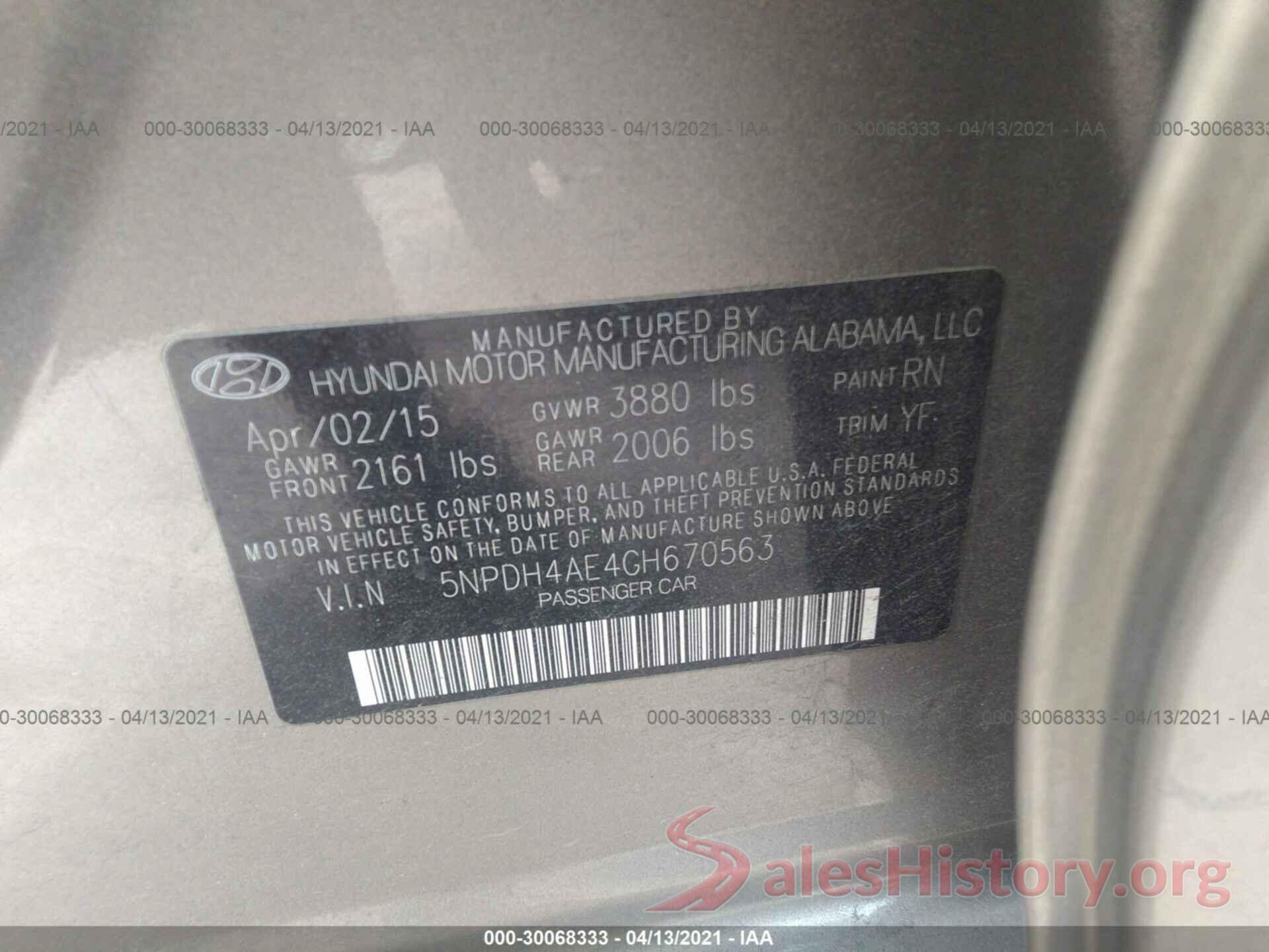 5NPDH4AE4GH670563 2016 HYUNDAI ELANTRA