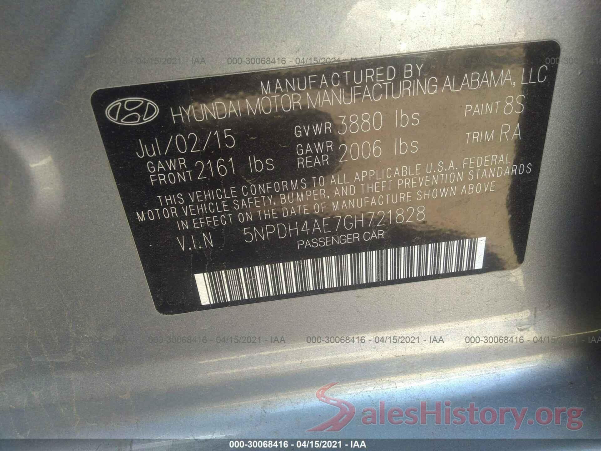 5NPDH4AE7GH721828 2016 HYUNDAI ELANTRA