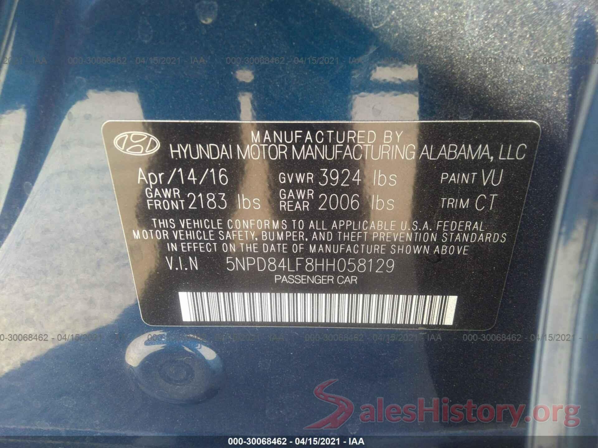 5NPD84LF8HH058129 2017 HYUNDAI ELANTRA