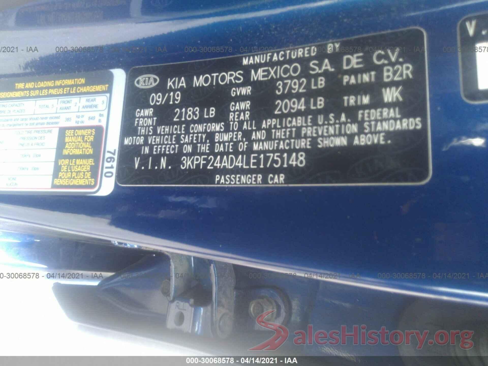 3KPF24AD4LE175148 2020 KIA FORTE