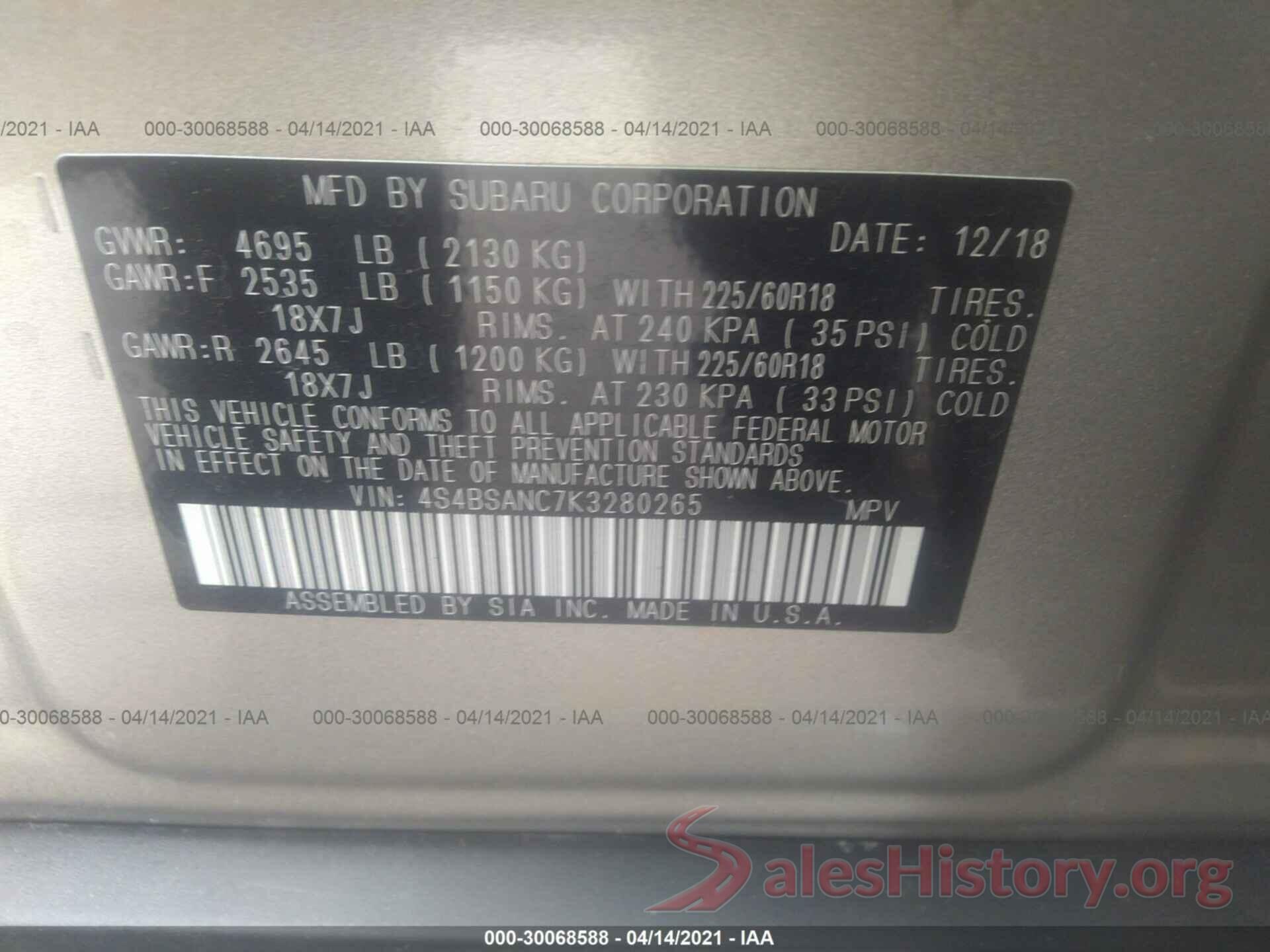 4S4BSANC7K3280265 2019 SUBARU OUTBACK