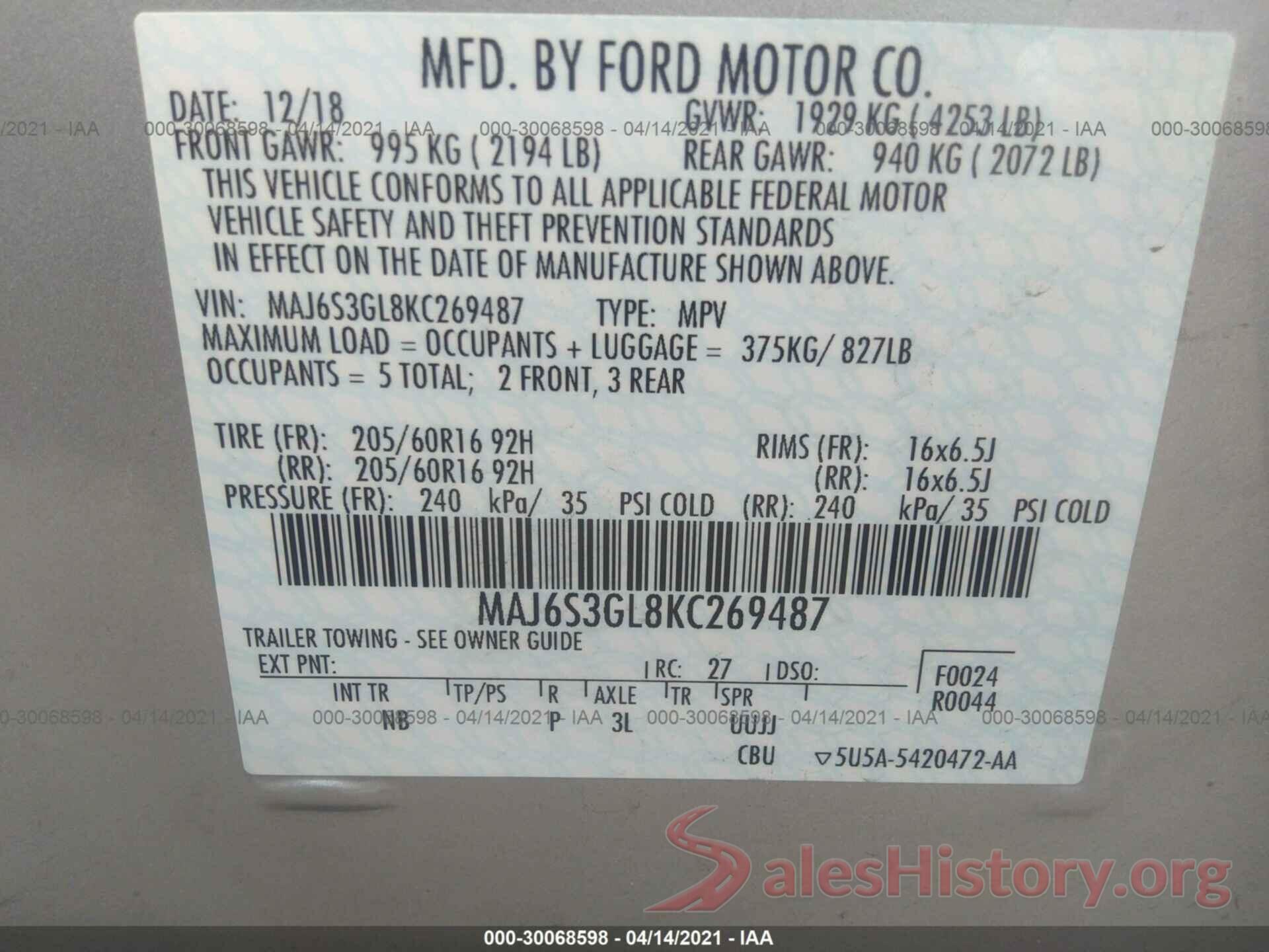 MAJ6S3GL8KC269487 2019 FORD ECOSPORT