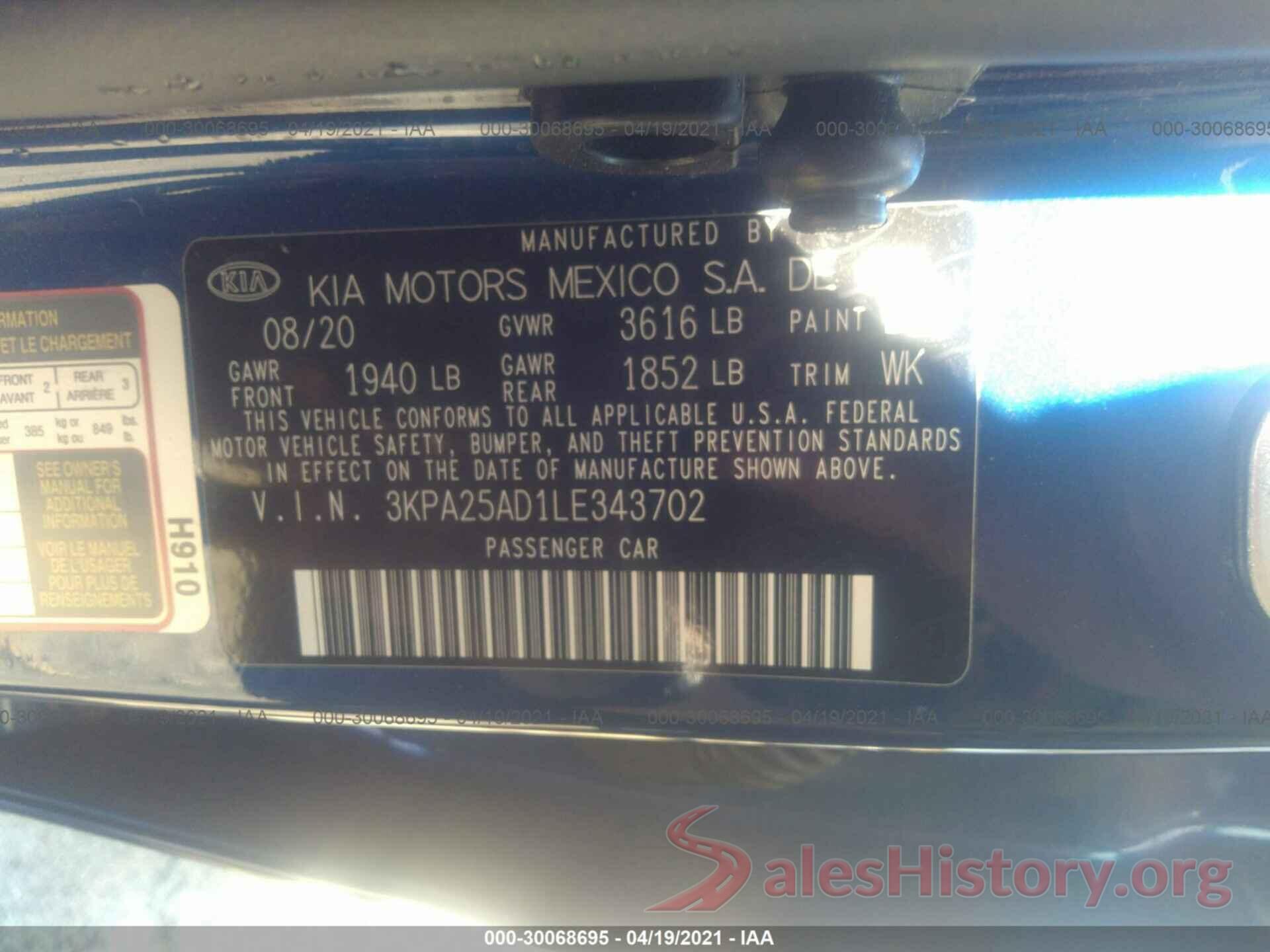 3KPA25AD1LE343702 2020 KIA RIO 5-DOOR