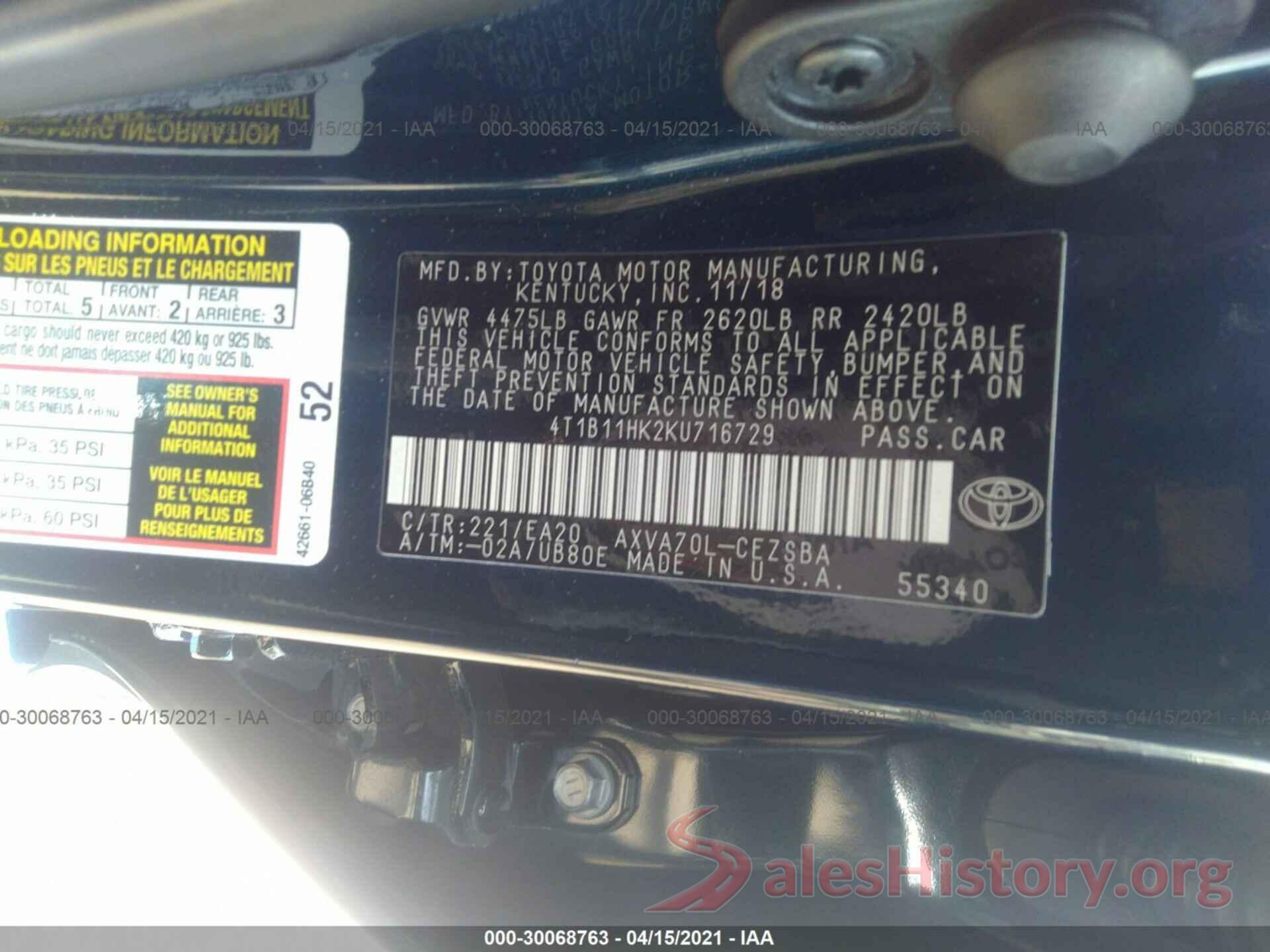 4T1B11HK2KU716729 2019 TOYOTA CAMRY