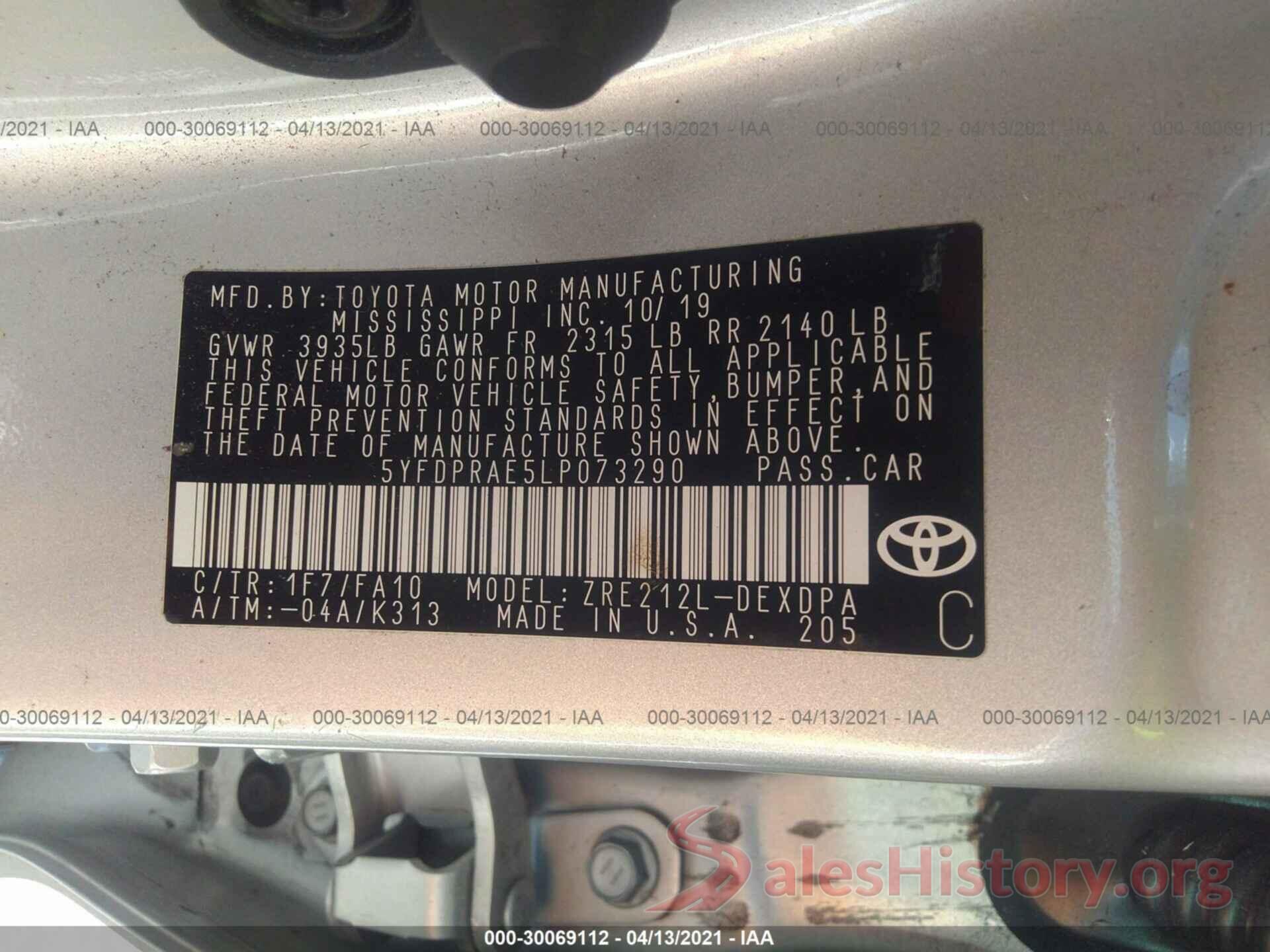 5YFDPRAE5LP073290 2020 TOYOTA COROLLA